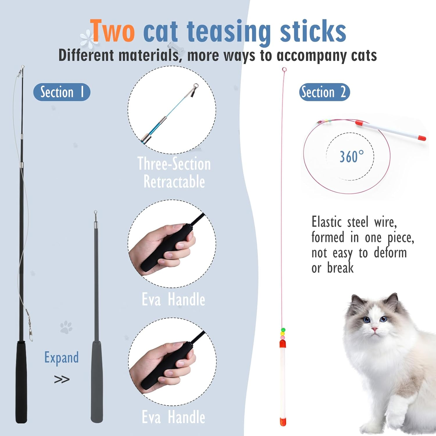 Cat Toys for Indoor Cats, 16 Pieces Interactive Cat Toys, Retractable Cat Wand Toy, Cat Feather Toys Refills, Butterfly Toys Cat Fishing Pole Toy for Bored Indoor Cats Chase and Exercise image number 2