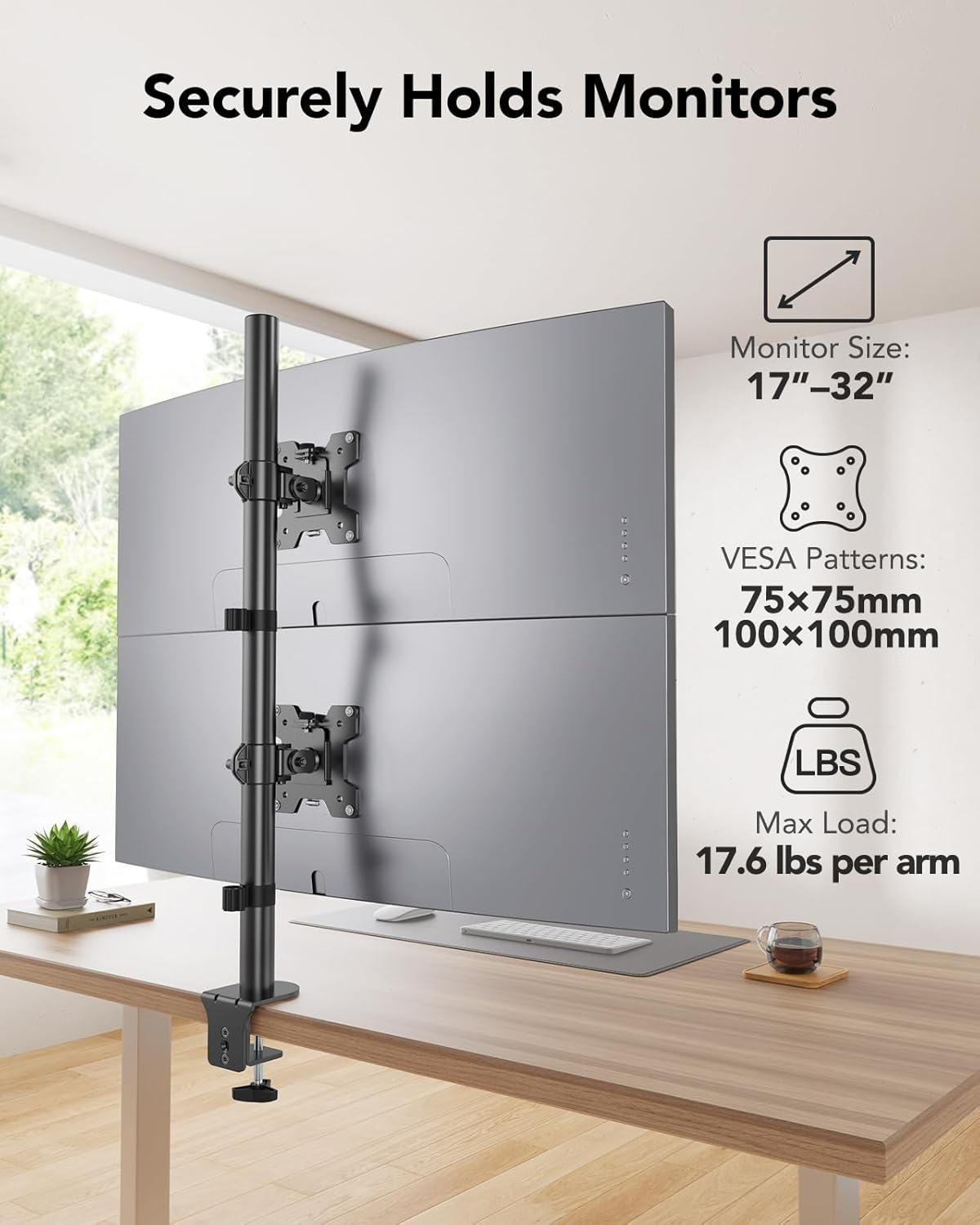HUANUO Vertical Dual Monitor Mount, Stacked Monitor Stand for 2 Monitors with Height Adjustment Computer Monitor Arm Supports Two 17 to 32 Inch with C Clamp Each Desk Mount Hold up to 17.6Lbs image number 5