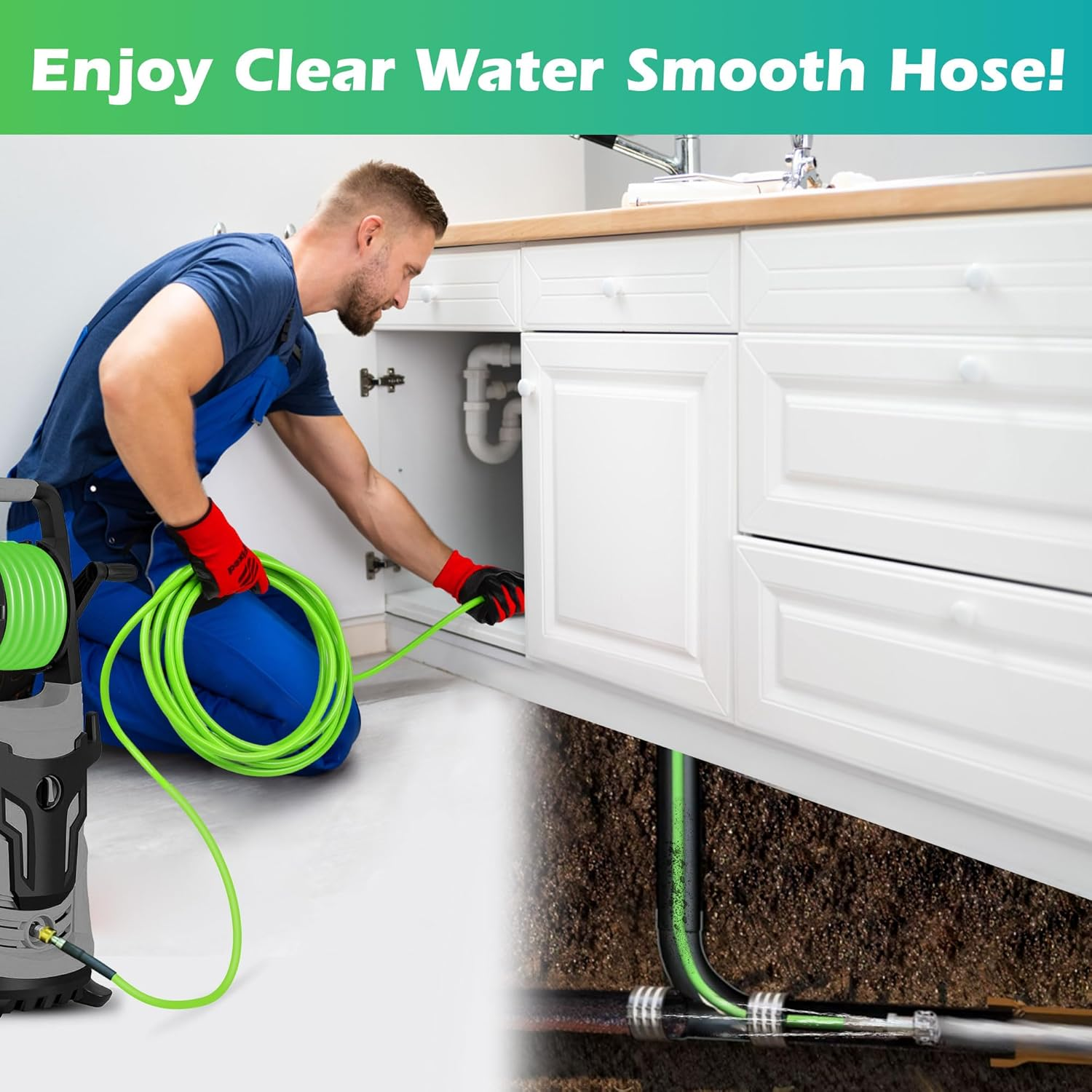 Kink Resistant Power Washer Hose 100 FT 1/4 Inch 4000 PSI, Ufixed Sewer Jetter Kit for Flexible High Pressure Washer Hose Extension Connector, Fit to All Electric and Gas High Pressure Washer Green