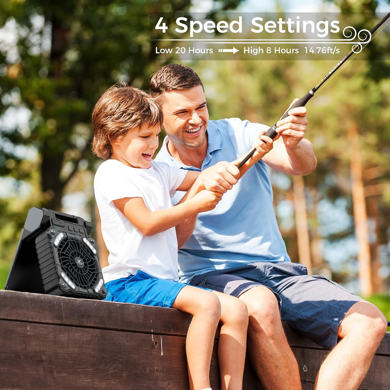 KITWLEMEN Solar Camping Fan with Lantern - Rechargeable Battery Operated Fan, 18H Run Time Max, 4 Speeds, 8H Timer, 90&deg; Adjustable Portable Desk Fan for Hurricane, Power Outage, Outdoor image number 4