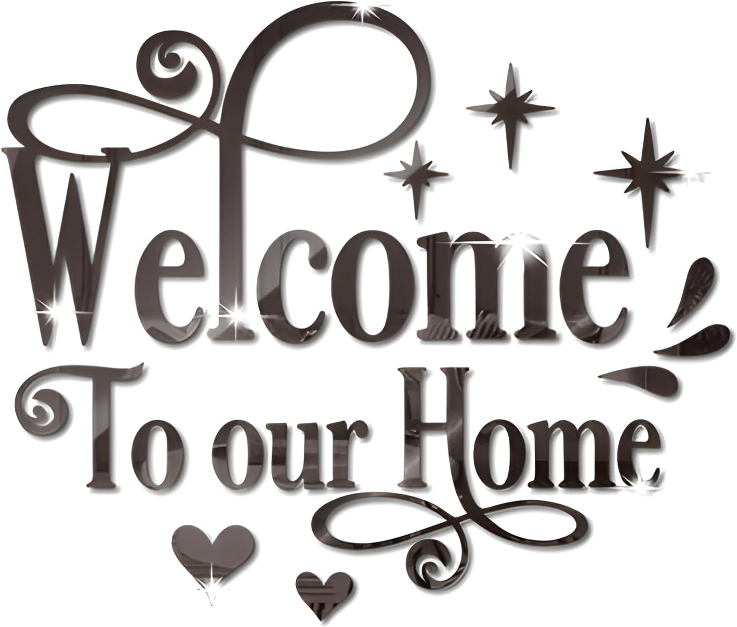 INCAUCA Welcome to Our Home Wall Decor Sticker, Home Acrylic 3D Mirror Wall Decal, Removable Art Letter Sign, Wall Door Quote Decoration DIY for Living Room Bedroom Sofa TV Background (Silver)