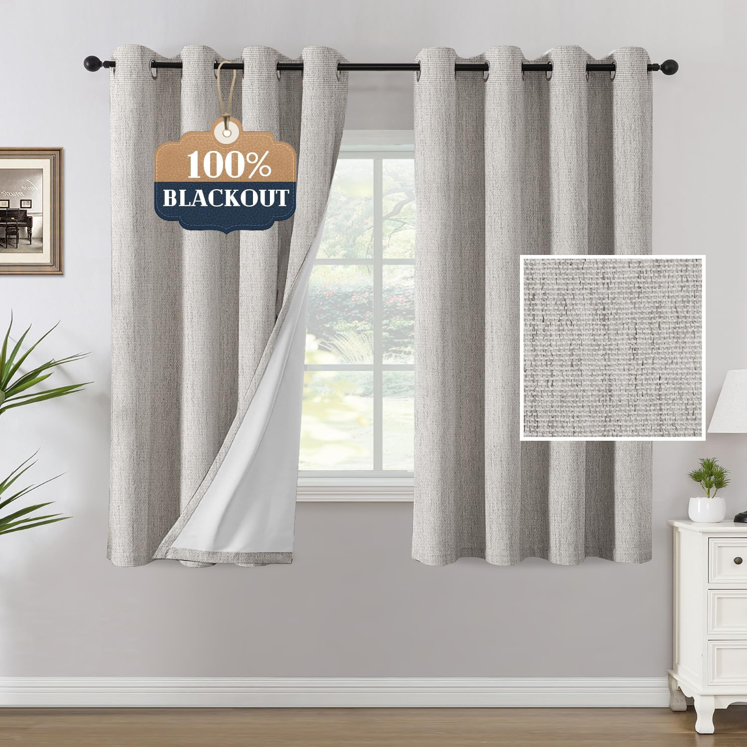Blackout Curtains Linen Textured Thick Chenille Thermal Curtains Block Out Light and Heat Eyelet Curtains for Bedroom Blockout Curtains 243Cm Drop for Lounge and Spare Room, Heather Ivory