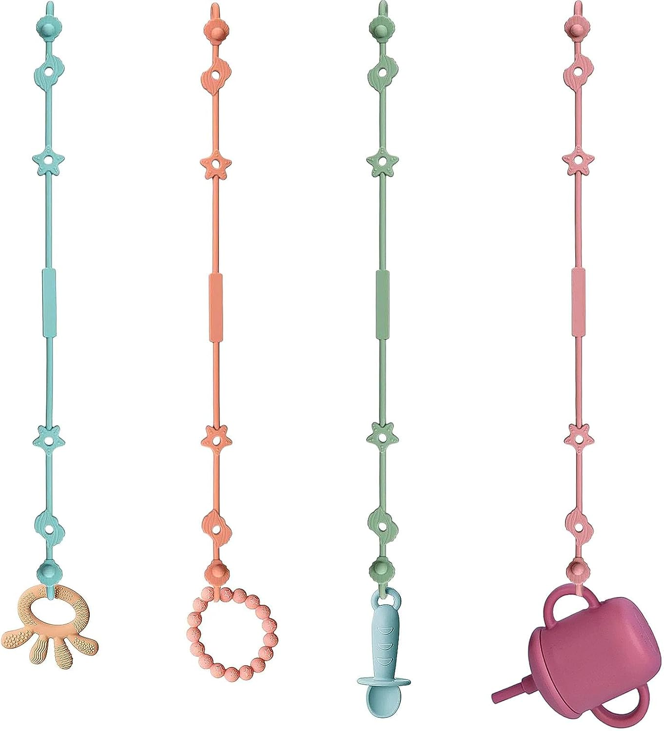 4 Pack Dummy Clip Baby Toy Straps, Silicone High Chair & Stroller Straps, Pacifier Clip Holder with One Piece Design, Soft Flexible Binky Clips with Texture for Baby Boys and Girls image number 2