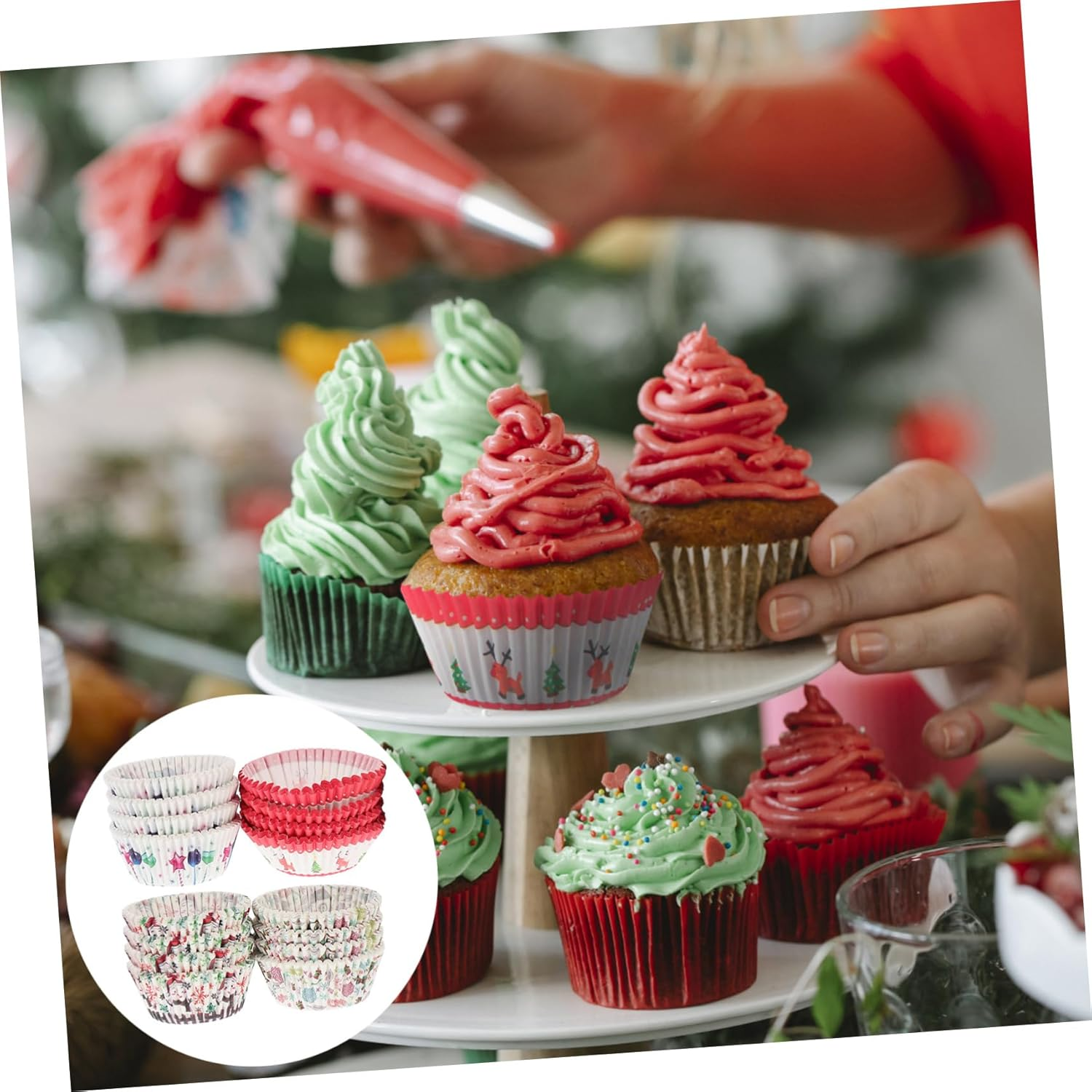 Christmas Printed Cake Cups and Muffin Cups Set 4 Designs Santa Claus Snowman Bell Merry Christmas Decorative Baking Supplies for Holiday Cakes image number 3