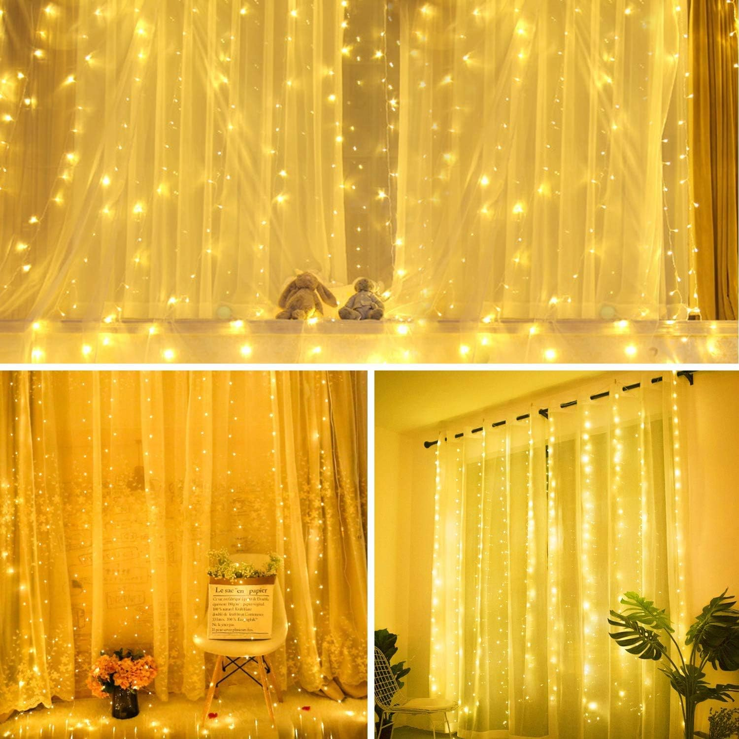 Curtian String Lights, HWZX 300 LED Window Curtain String Light with Remote Control Timer for Christmas Wedding Party Home Garden Bedroom Outdoor Indoor Decoration (Warm White) image number 2
