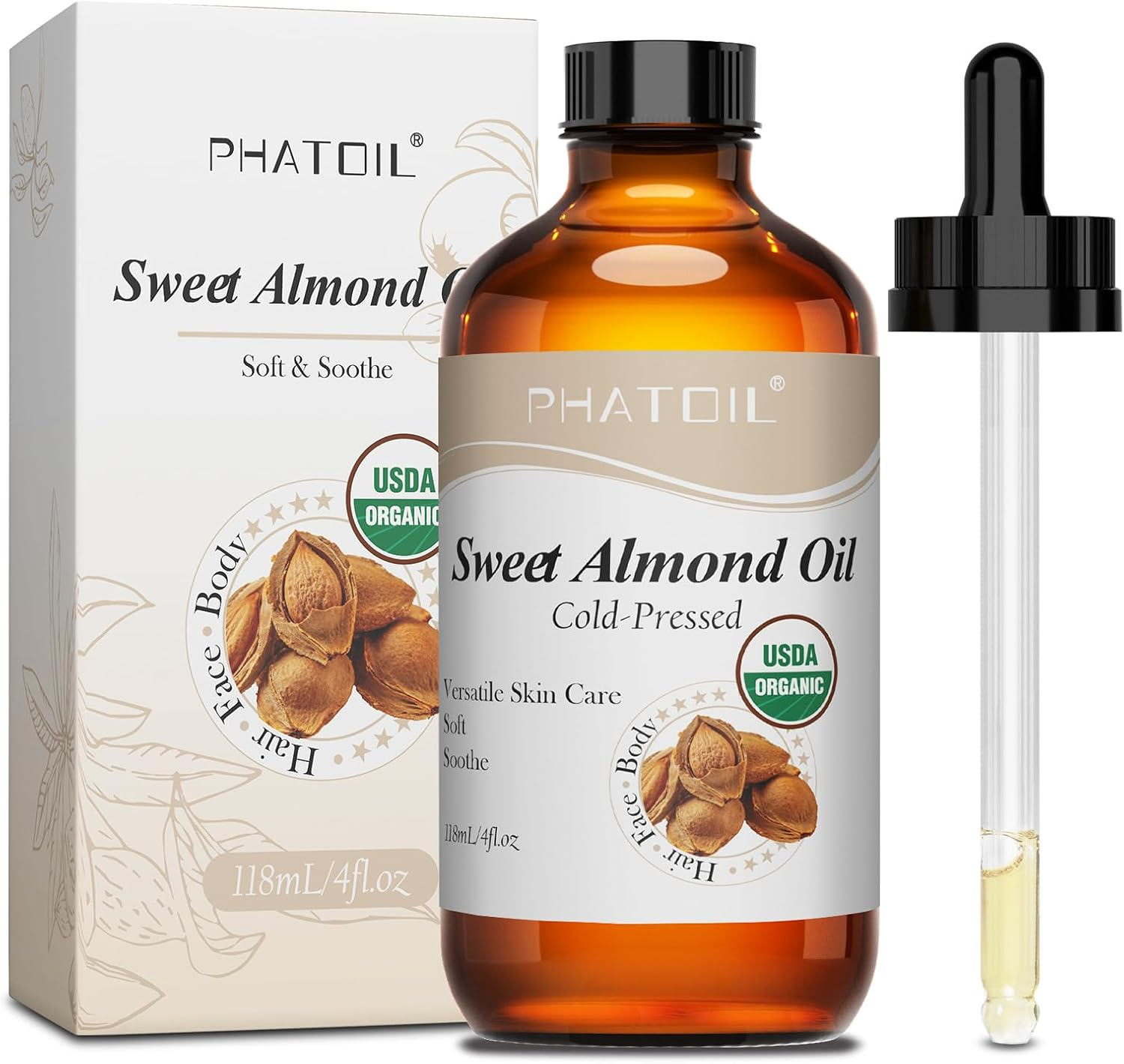 PHATOIL Organic Sweet Almond Oil for Skin 118 Ml (4 Fl.Oz), USDA Certified Organic, Cold Pressed Almond Oil in Glass Bottle for Hair, Face, Body Moisturizer, Carrier Oil for DIY, Massage image number 1