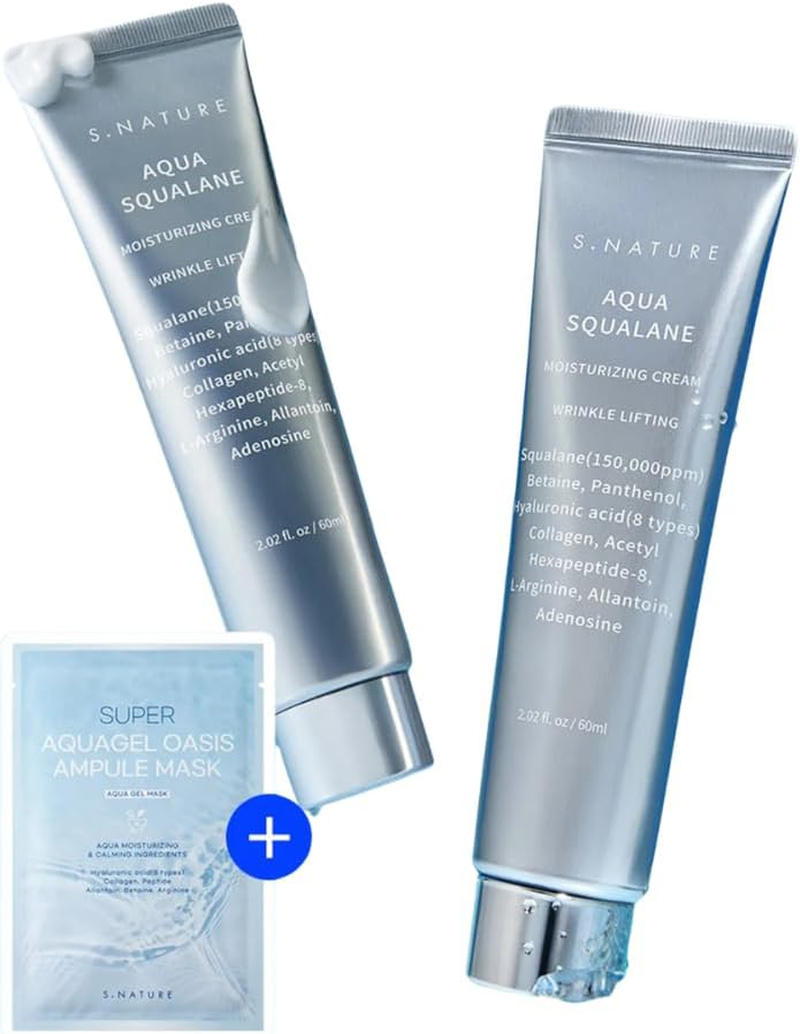Aqua Squalane Moisturizing Cream Double Pack (60Ml X 2EA) with Free Mask Sheet. Hydrating and Sebum Control, for Dry Oily Sensitive Skin, Cream Gel Formula, with Squalane and Hyaluronic Acid. Korean Beauty Promotion Set for S.NATURE image number 1
