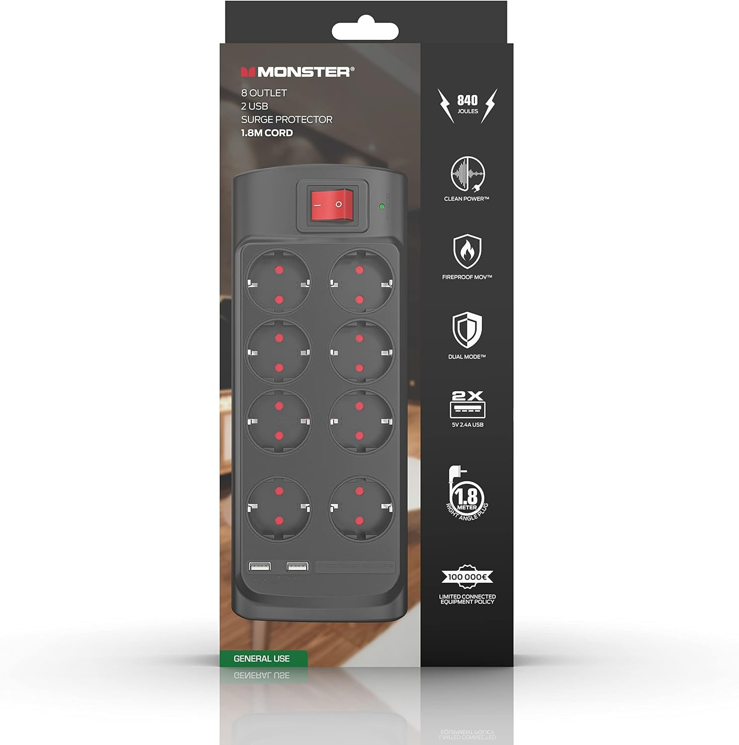 Monster - Power Strip - 8-Way + 2 USB with Switch - 1.8 M - Black image number 1