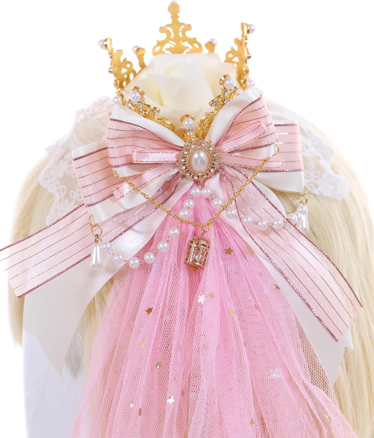 C-105-2 Pink Veil Gold Crown Rose Bow Lace Ruffle Gothic Lolita Party Celebration Hair Accessories Head Accessory image number 6