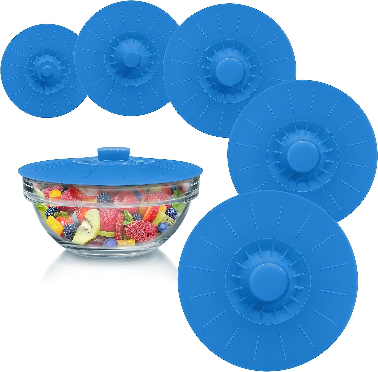 Silicone Bowl Lids Red, Set of 5 Reusable Suction Seal Covers for Bowls, Pots, Cups. Food Safe Natural Grip, Interlocking Handles for Easy Use and Storage.