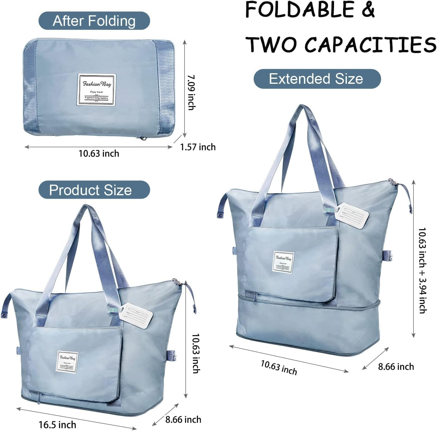 Large Capacity Folding Travel Bag, Travel Duffel Bag with Luggage Tag, Waterproof Lightweight Gym Bag with Wet and Y Separation Bag, for Travel, Sports, Gym, Blue, Folding Travel Bag image number 2