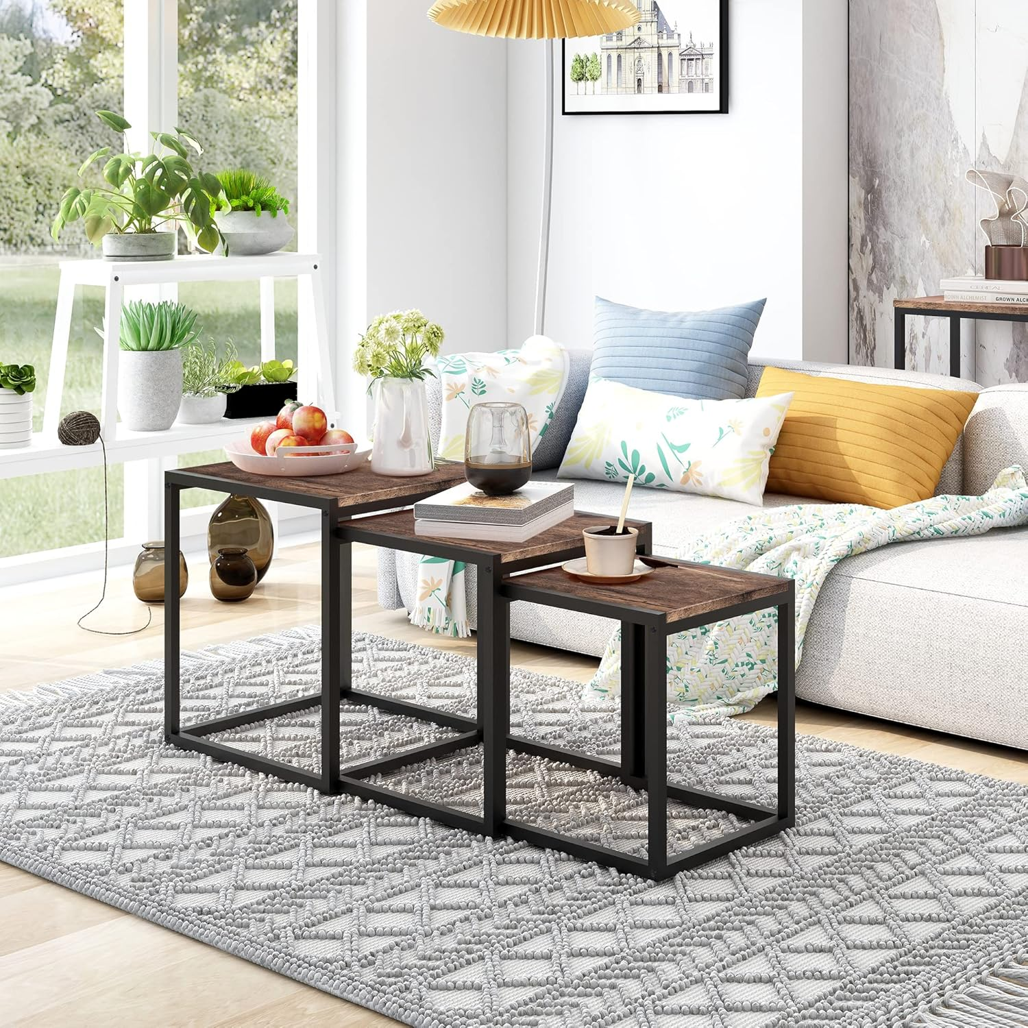 Nesting Table Set of 3 End Tables, Modern Minimalist Coffee Table, Stackable Tables with Metal Wood Stacking Side Table for Living Room, Bedroom, Brown/Black image number 3