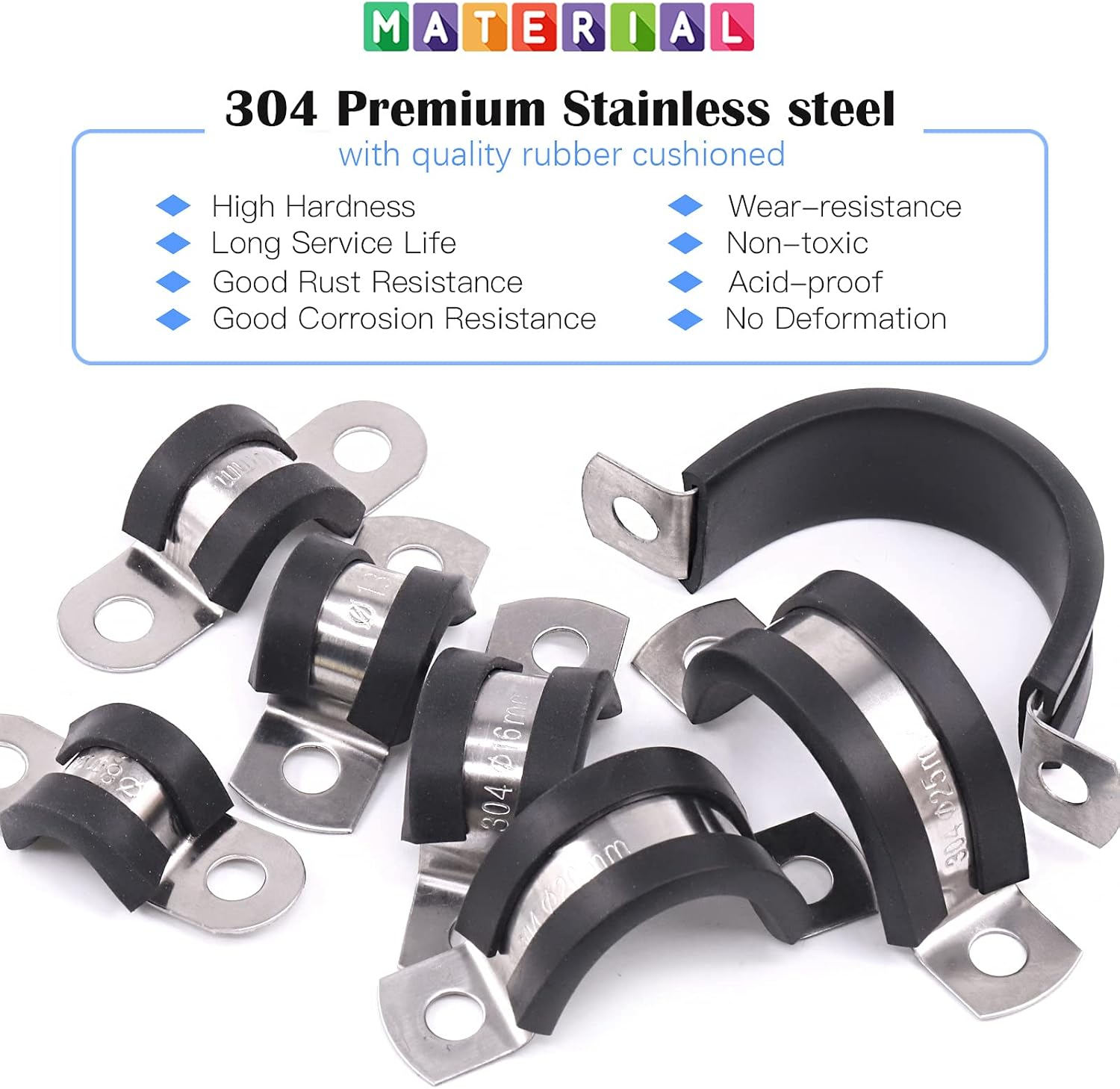 Glarks 60Pcs 8-32MM 2 Hole U-Tube Strap Clamp Set 304 Stainless Steel Rubber Cushion Rigid Pipe Strap U Bracket Tube Strap Assortment Kit for Pipe Tube Fixing (8-32Mm Strap Clamp Set) image number 3