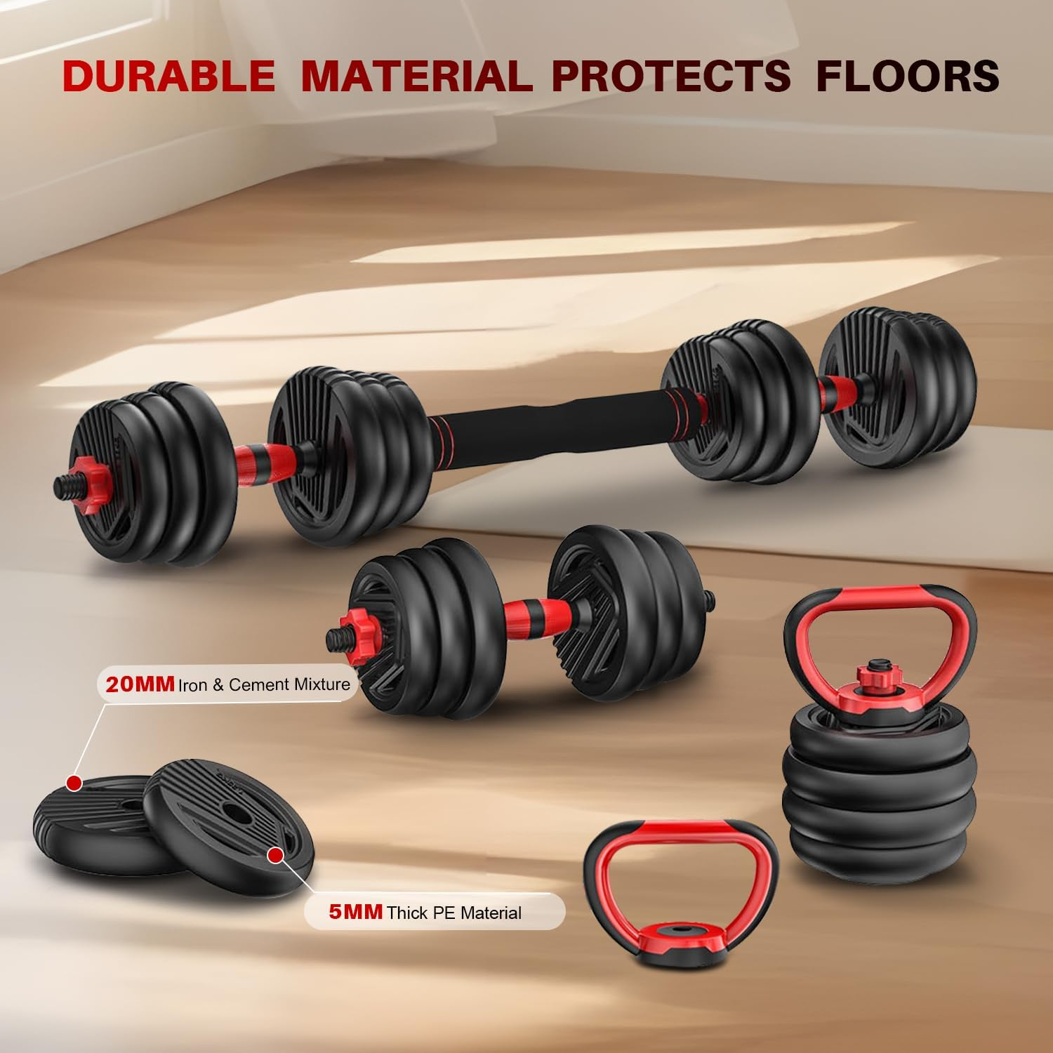 Yildue Adjustable Dumbbells Set,Free Weights Set 15KG/20KG/30KG with Connector,4 in 1 Dumbbells Sets Used as Barbell/Kettle Bells/Push up Stand (15Kg Barbell+Kettlebell Sets) image number 4