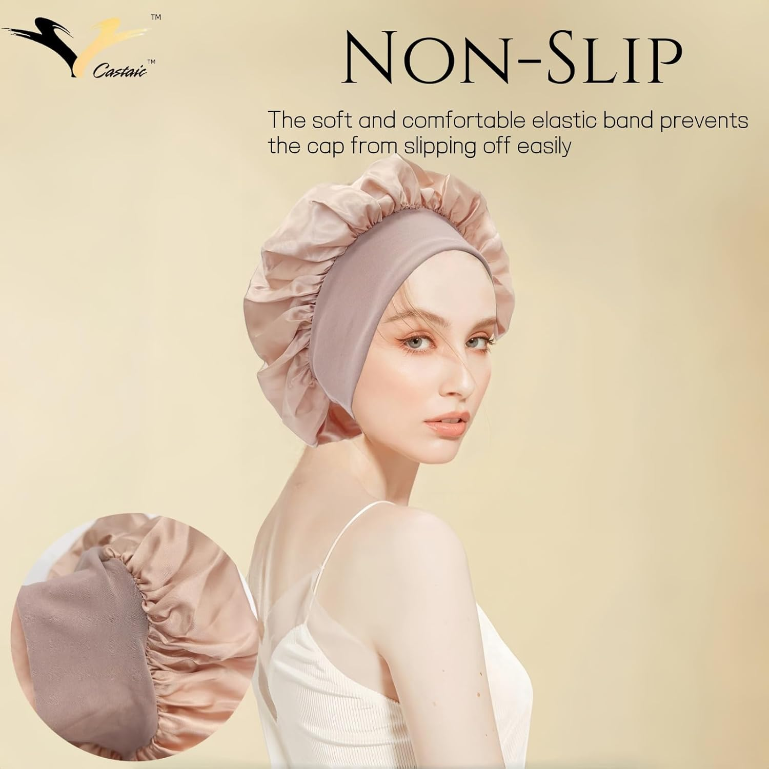 Castaic 2 Pcs Silk Bonnet with Soft Elastic Band, Satin Bonnets, Hair Wrap for Curly and Straight Hair (Black + Rose Gold) image number 1