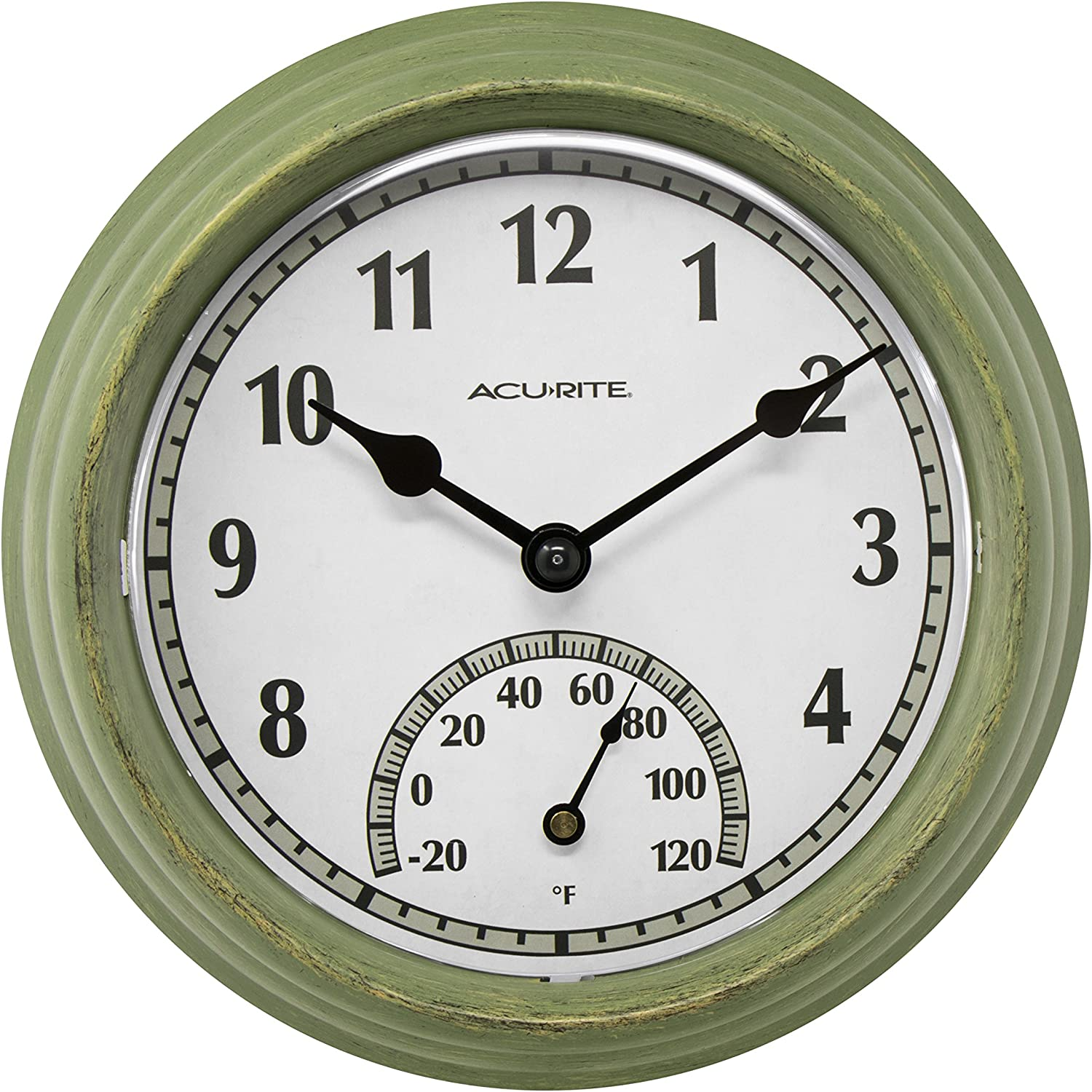 Acurite 02470 Rustic Green Outdoor Clock with Thermometer, 8.5"
