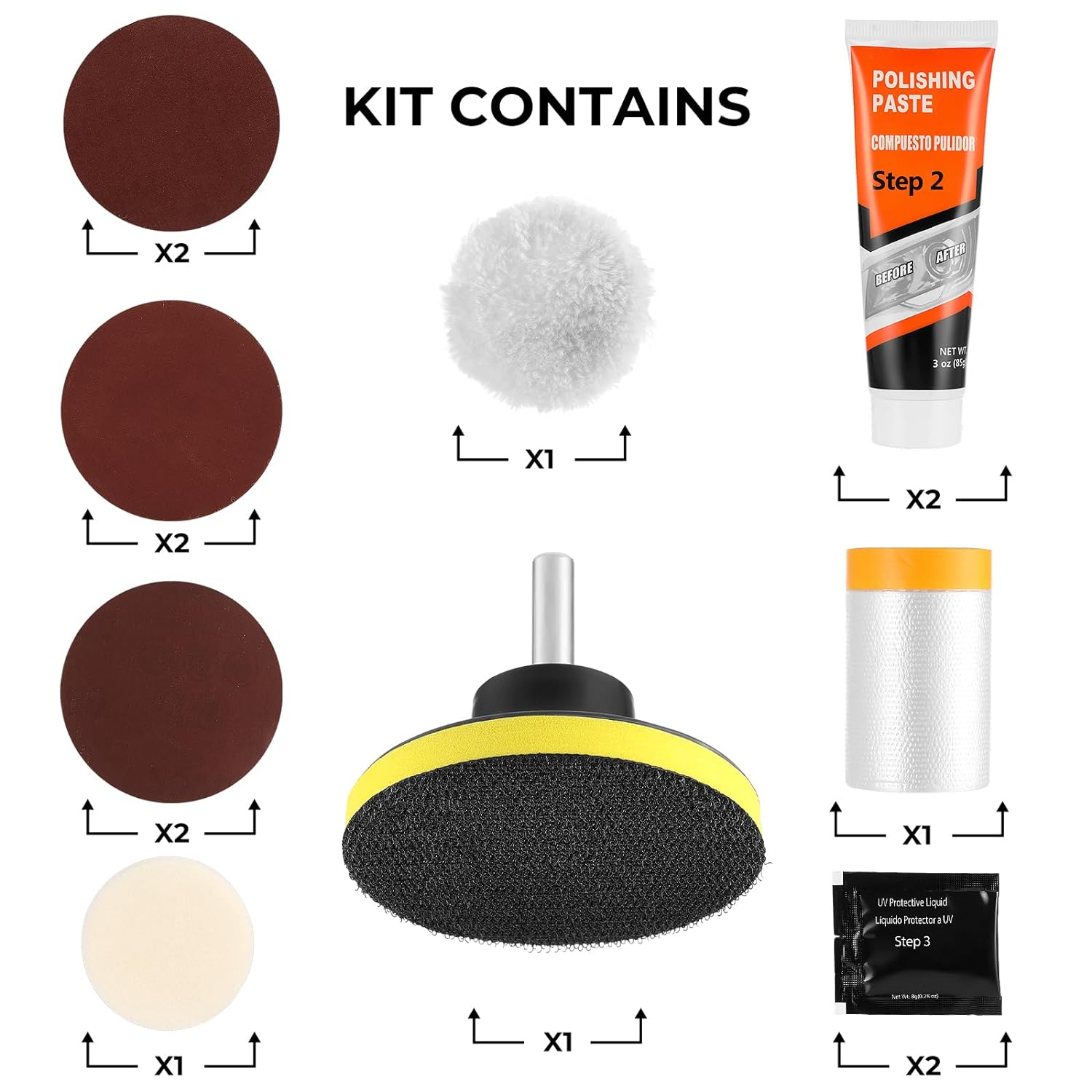 Headlight Restoration Kit, Polish Restore Cleaner Clean Tool DIY Polishing, Sanding Discs, Scouring Pads for Electric Drill, 3 Easy Steps to Restore Sun Damaged Car Headlights Lens image number 5