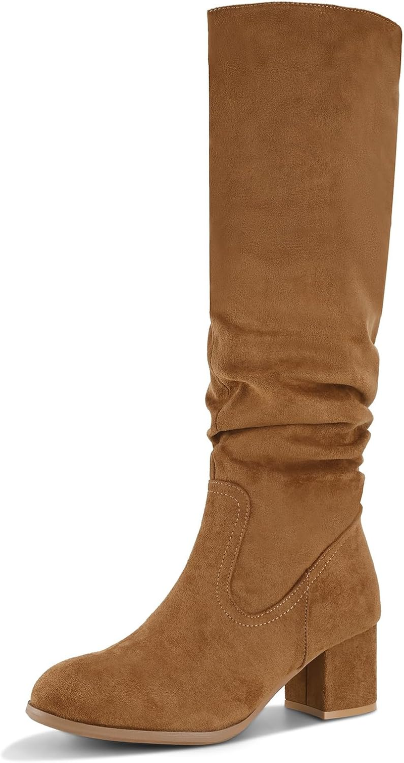 Shoe'N Tale Women'S Knee High Boots Chunky Heel Pointed Toe Suede Slouch Winter Shoes with Side Zipper image number 2