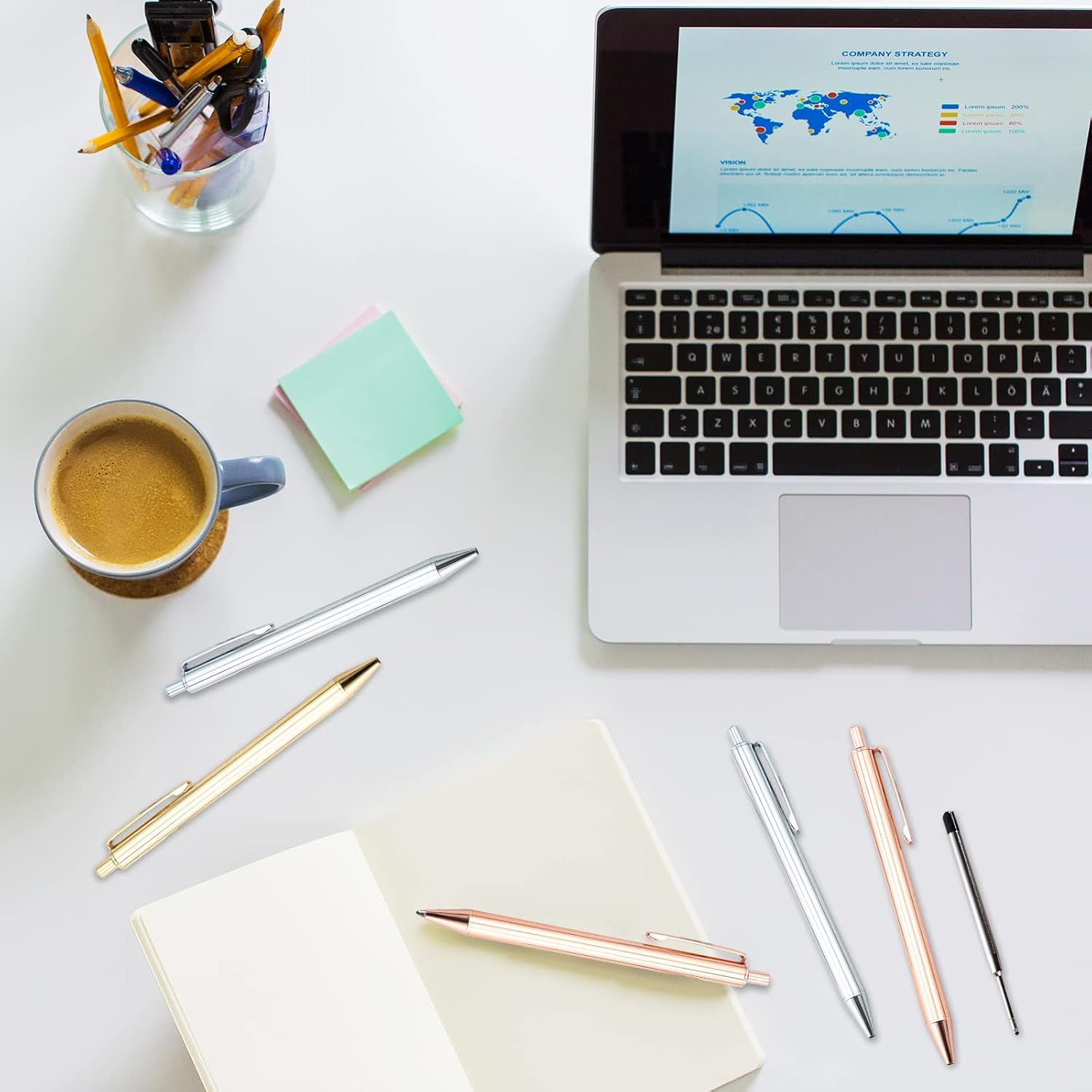 12Pcs Retractable Metal Ballpoint Pen Set, FHDUSRYO 6 Slim Metallic Ballpoint Pens, 1.0Mm Medium Point Black Ink Pens with 6 Pen Refills, Gold Sliver Click Ball Pens for Gift, Business, Office (Slim) image number 3