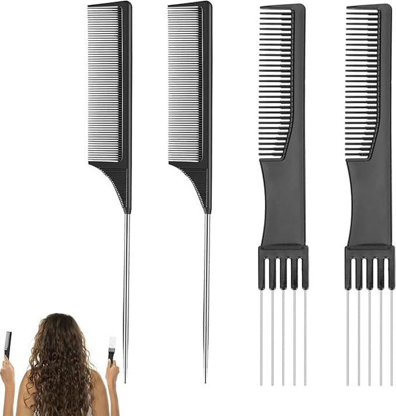 Metal Prong Pick Comb Double-Head Teasing Comb,4Pcs Black Metal Prong Pick Comb,Lift Teasing Comb with Metal Prong,Lift Teasing Comb Salon Teasing Back Comb,Carbon Lift Teasing Combs with Metal Prong image number 1