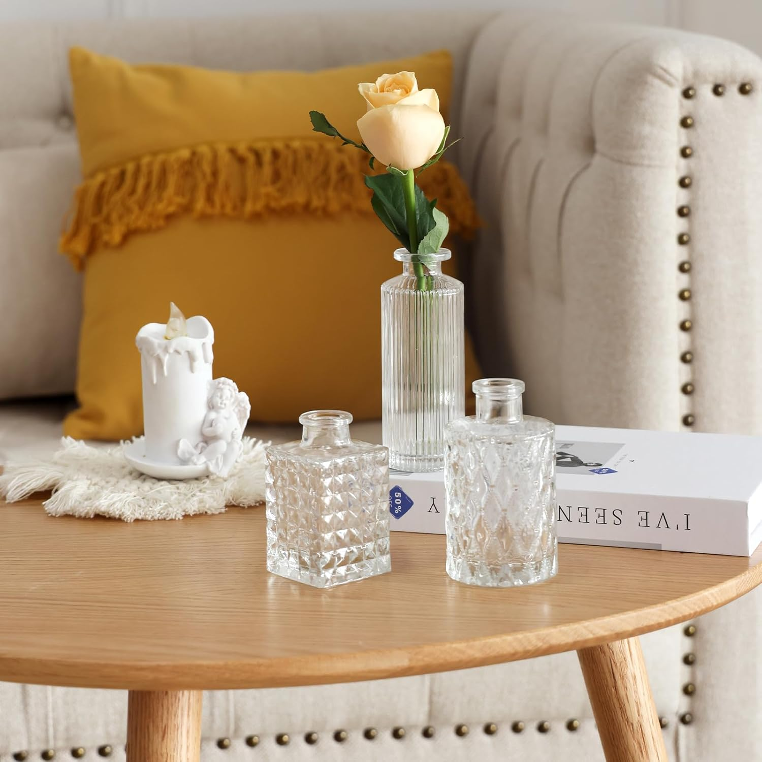 CUCUMI 24 Glass Bud Vase Set, Small Vases for Flowers, Clear Bud Vases for Centerpieces Mini Flower Vases in Bulk for Rustic Wedding Decorations Vintage Look Home Table Decor