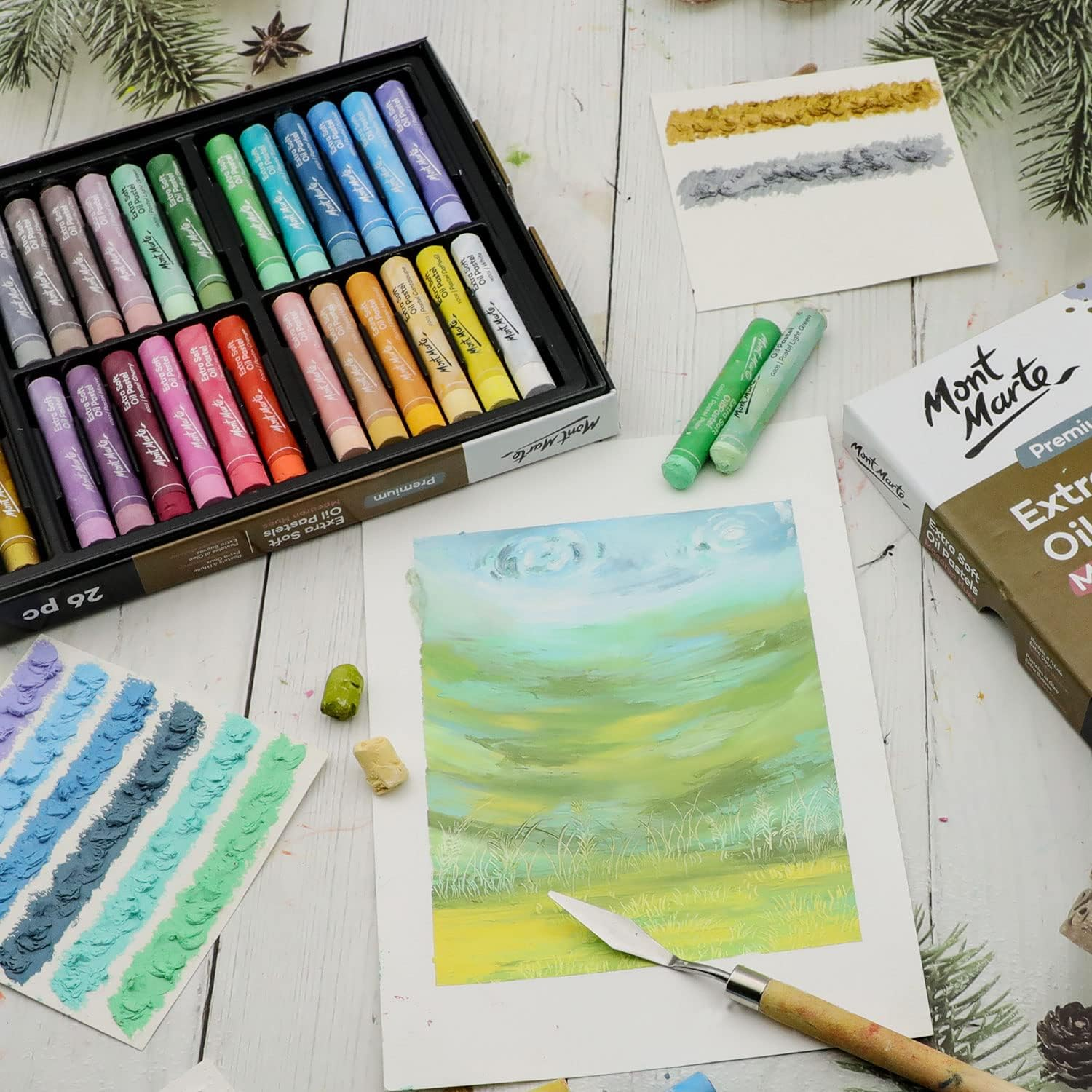 Mont Marte Extra Soft Oil Pastels Macaron Hues Premium 26Pc, Assorted Pastel & Metallic Colours, Vibrant, Buttery, Versatile Art Pastels for Blending, Layering & Shading, Colouring, Sketching image number 3