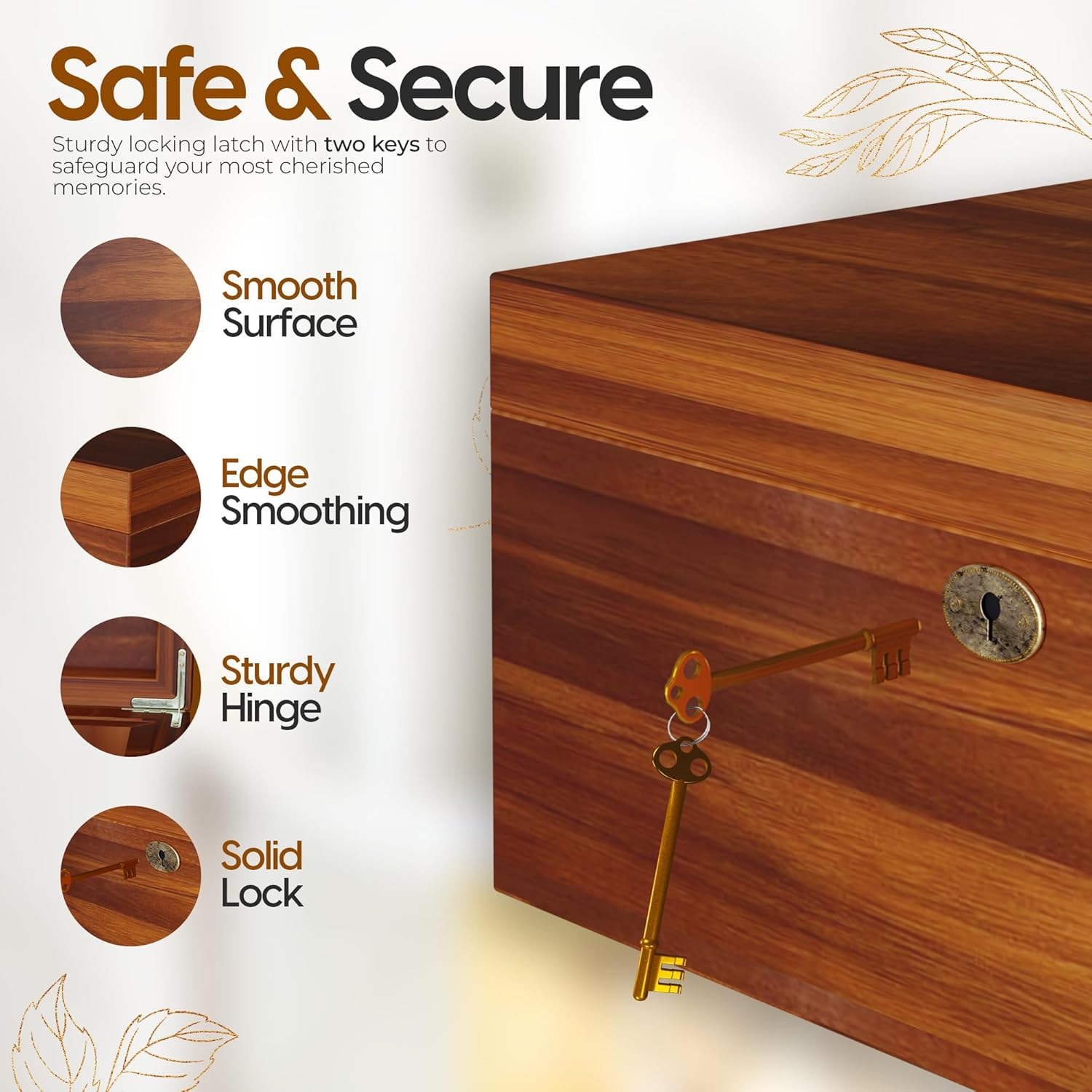 LUSH & STYLE Acacia Wood Box, Keepsake with Hinged Lid and Locking Key, Decorative, Memory Treasure, Wooden Storage Box, Wooden Gift Box (Divider Model) image number 4