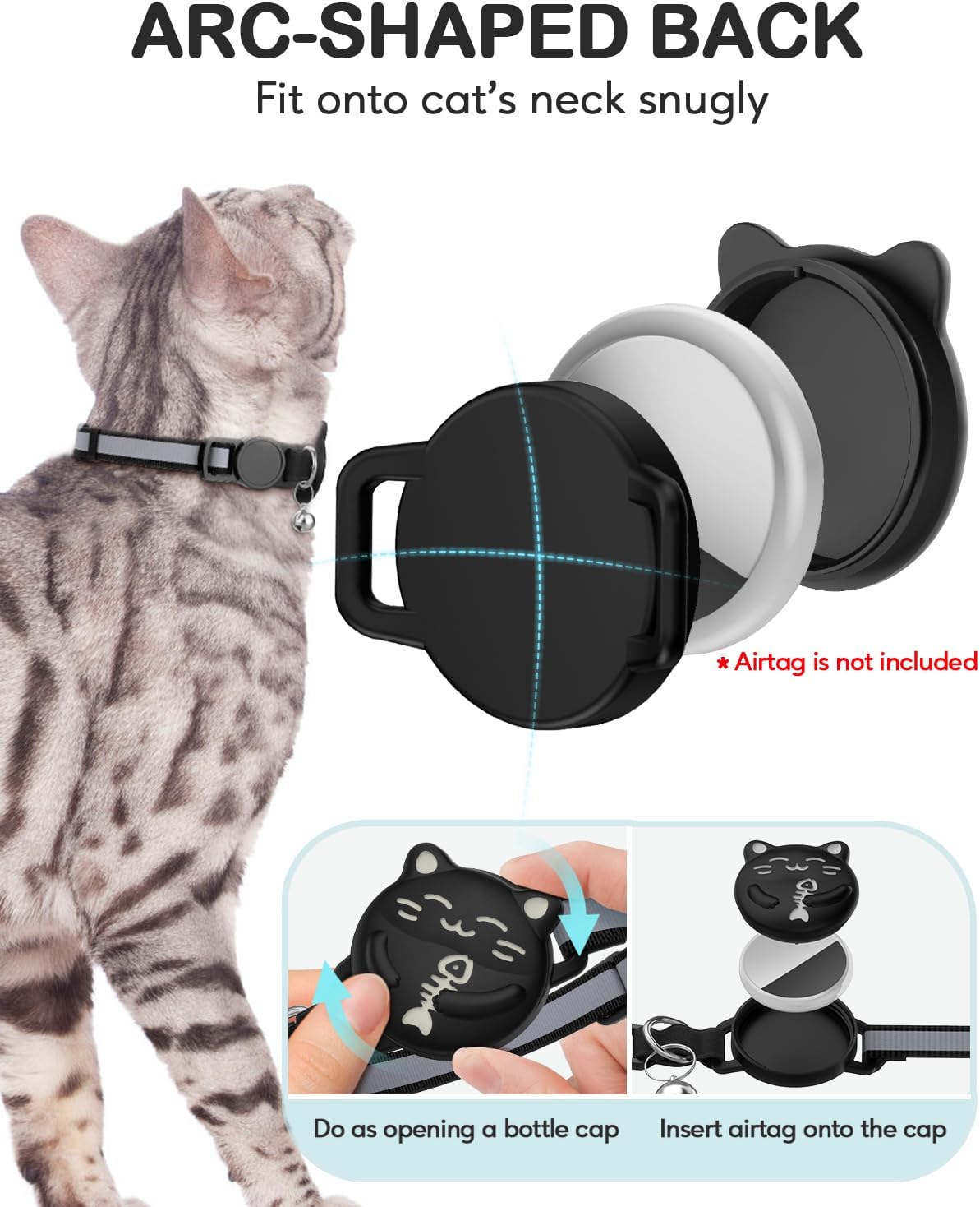 WROSWT Waterproof Airtag Cat Collar, Breakaway Cat Collars with Luminous & Reflective Strap for Apple Air Tag, Kitten Safety Elastic Band, Lightweight Hidden GPS Tracker Holder(Black, 8"-11") image number 2