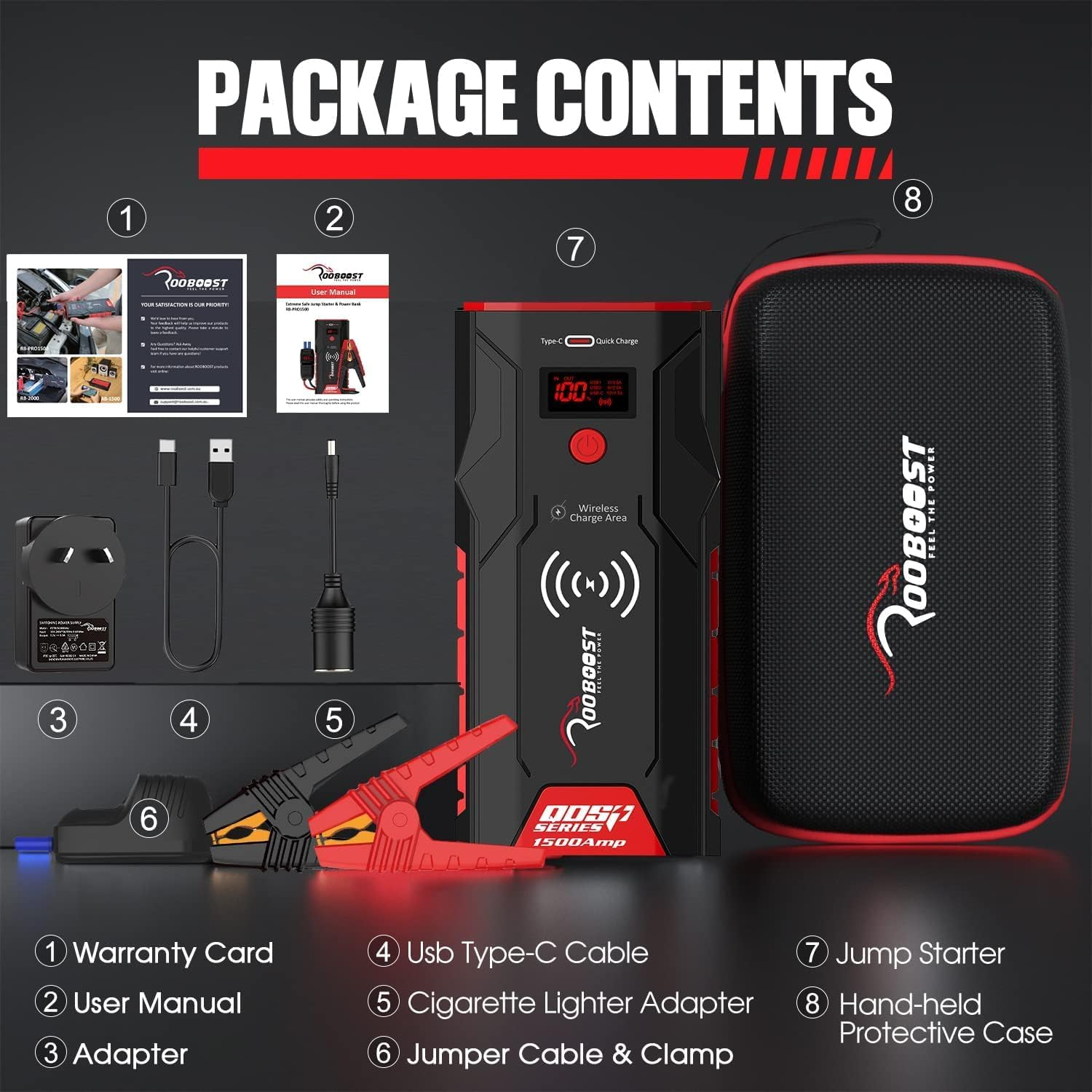 ROOBOOST Jump Starter, 1500A 12V Battery Booster, Jump Start Pack, Petrol & Diesel, Smart Jumper Cable, Quick Charge Power Bank, Wireless Charger, Digital Display. RB-PRO1500 Car Battery Jump Starter image number 2