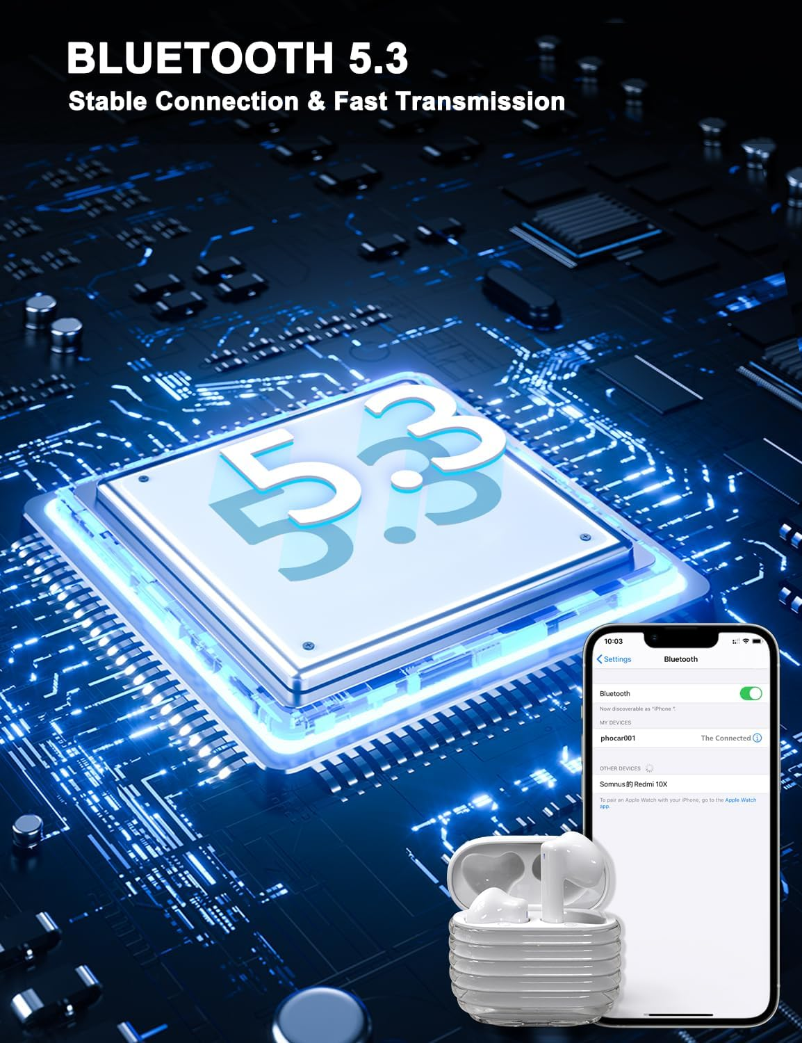 PHOCAR Wireless Earbuds Bluetooth 5.3, Sync No Delay, Light-Weight,Compact, Touch Control, Noise Canceling for Clear Calls, Wireless Earphones Compatible with Iphone, Samsung, Huawei, Xiaomi, Nokia image number 1