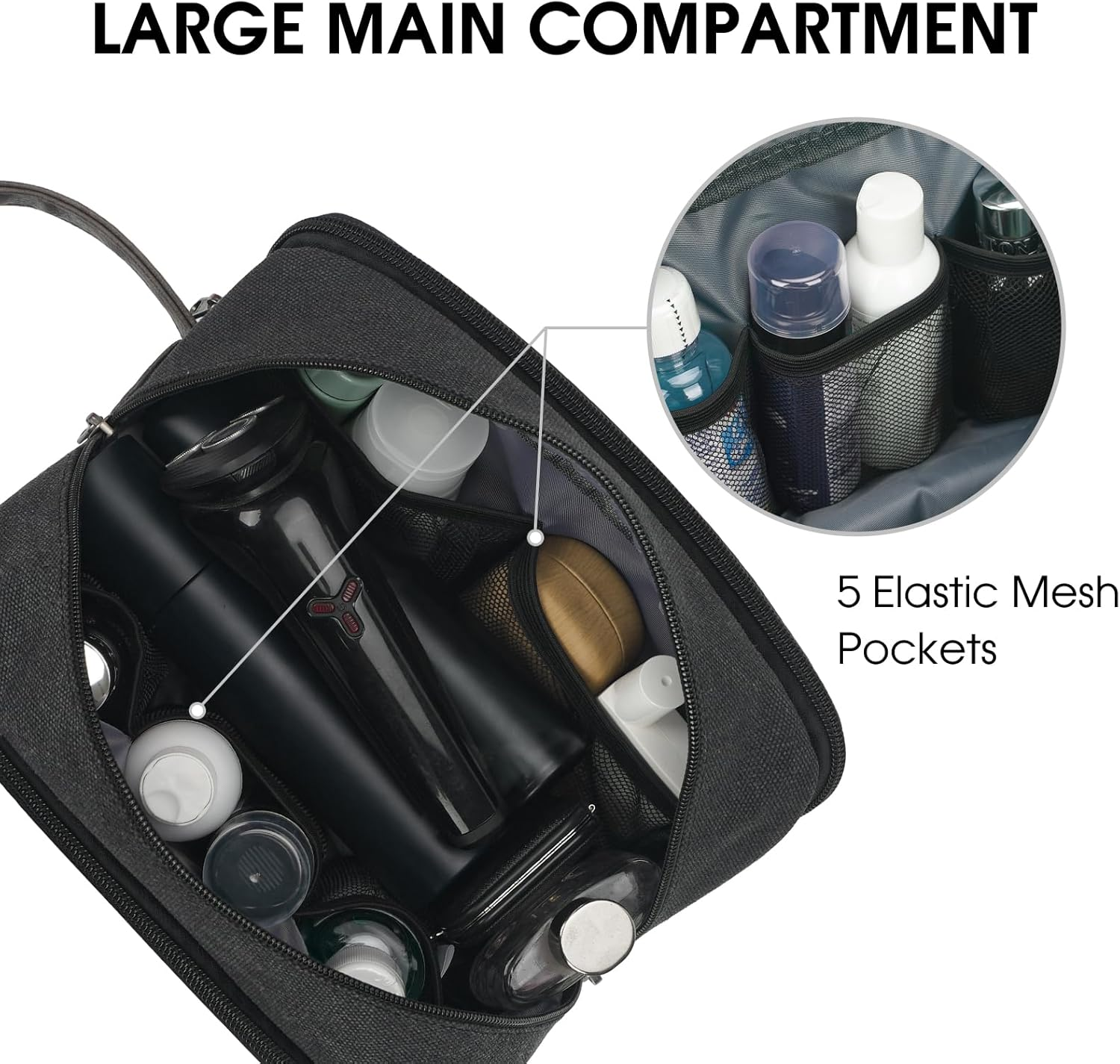 WANDF Travel Toiletry Bag for Men Hanging Dopp Kit Canvas Toiletry Organizer Water-Resistant Vegan Leather Shaving Bag for Toiletries Accessories (Black) image number 1