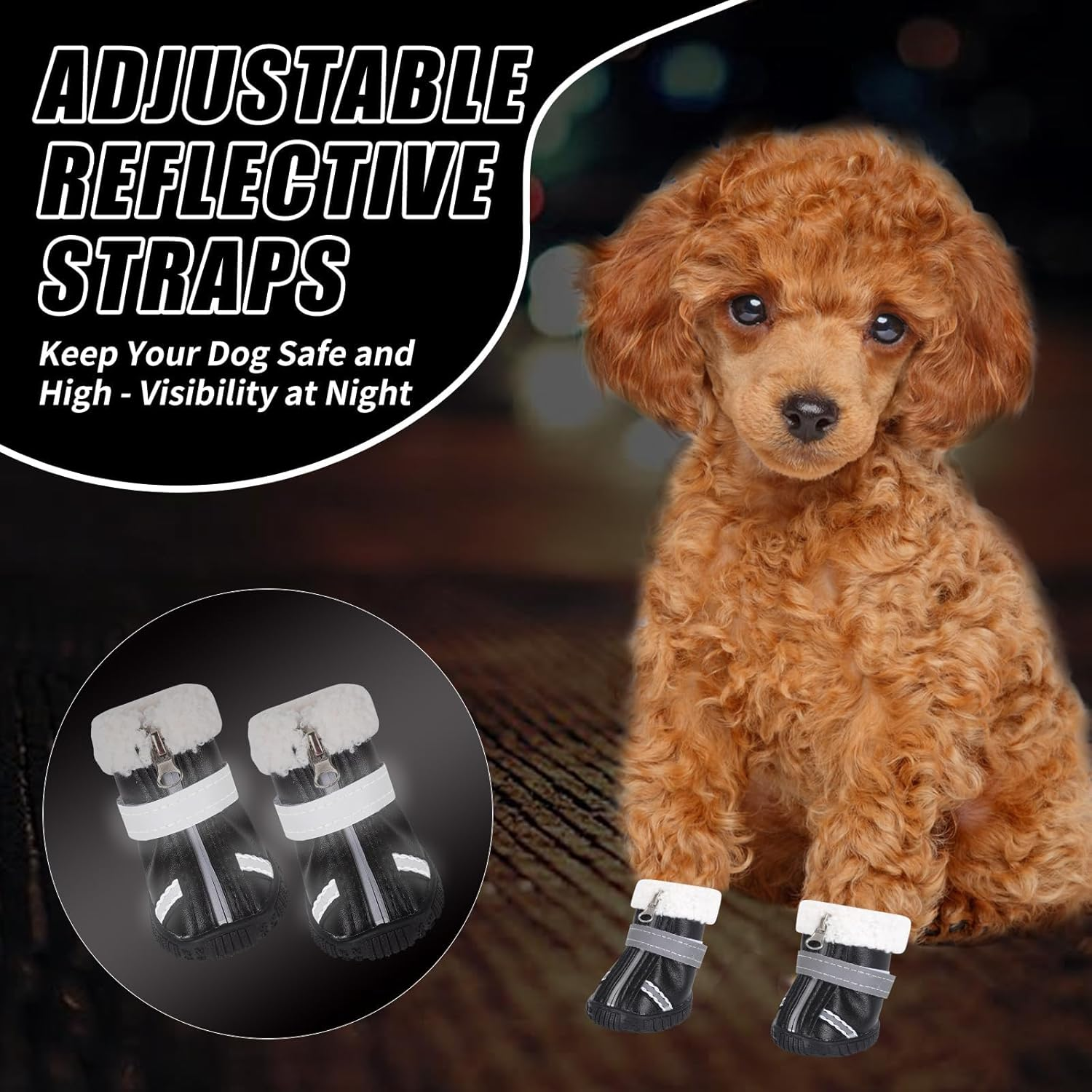 Waterproof Dog Boots, Fleece Shoes with Reflective Straps Winter Dog Paw Protector Warm Booties for Injured Paws Anti-Slip Walking Boots Outdoor for Small, Medium Dogs, Puppy (L)