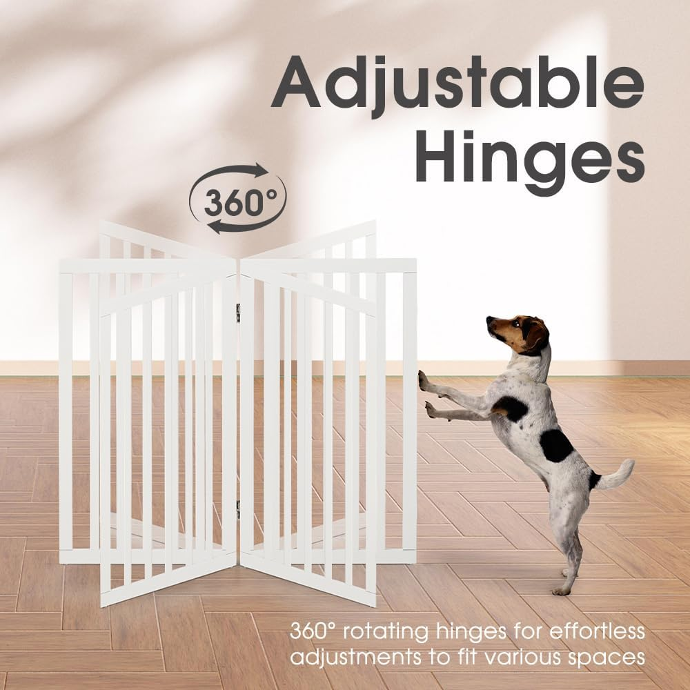 Petzly Foldable Dog Gate with Support Feet, Freestanding Pet Gate for Puppy Small Medium Dogs, Dog Fence for House Stairs Doorway Bedrooms, No Drill Pet Barrier, 3 Panels Fence, White - 141CM X 80CM