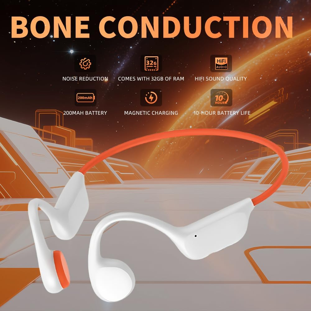 Bone Conduction Headphones, 32GB Memory Bluetooth Swimming Earphones with Luminous Breathing Lamp IPX8 Waterproof Headphone for Swimming, Running, Riding, White/Orange image number 5