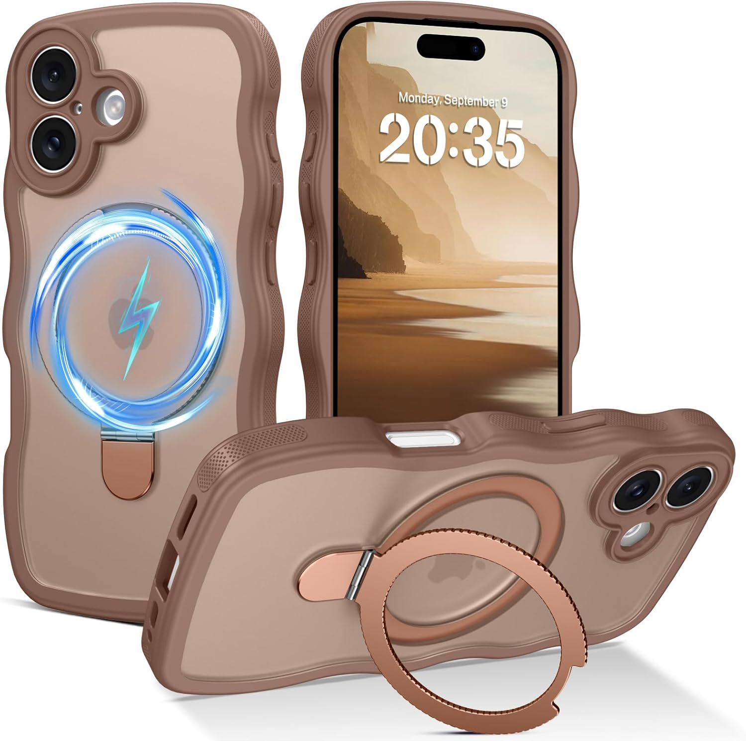 Gaobao Magnetic for Iphone 16 Pro Case, [Compatible with Mag Safe], Cute Curly Wave Frame Matte Back Protective Phone Case Cover with Invisible Kickstand for Iphone 16 Pro 6.3'', Desert Titanium Gold