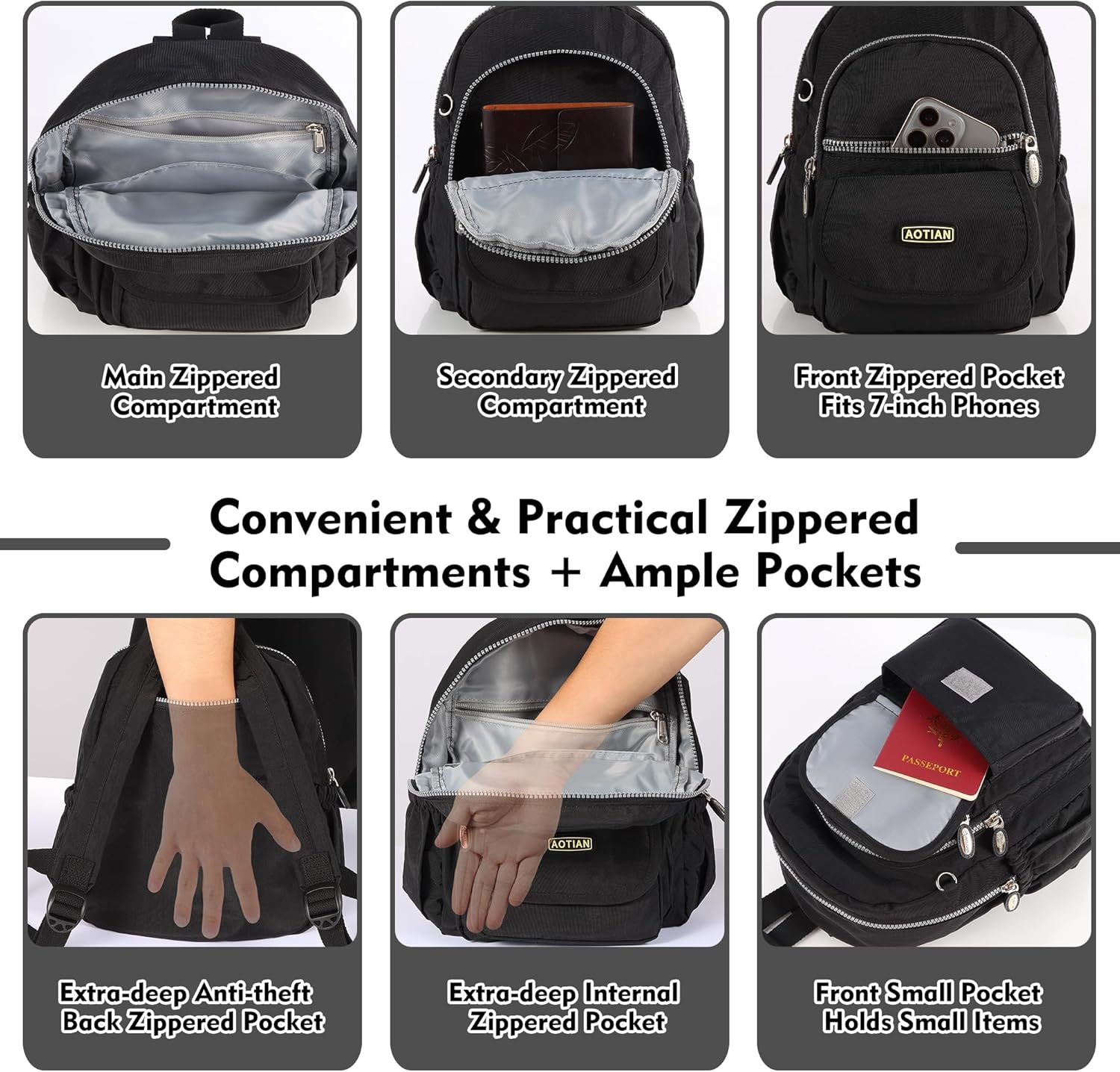 AOTIAN Mini Nylon Women Backpacks Casual Lightweight Small Daypack for Girls - Mini Deep Purple image number 3