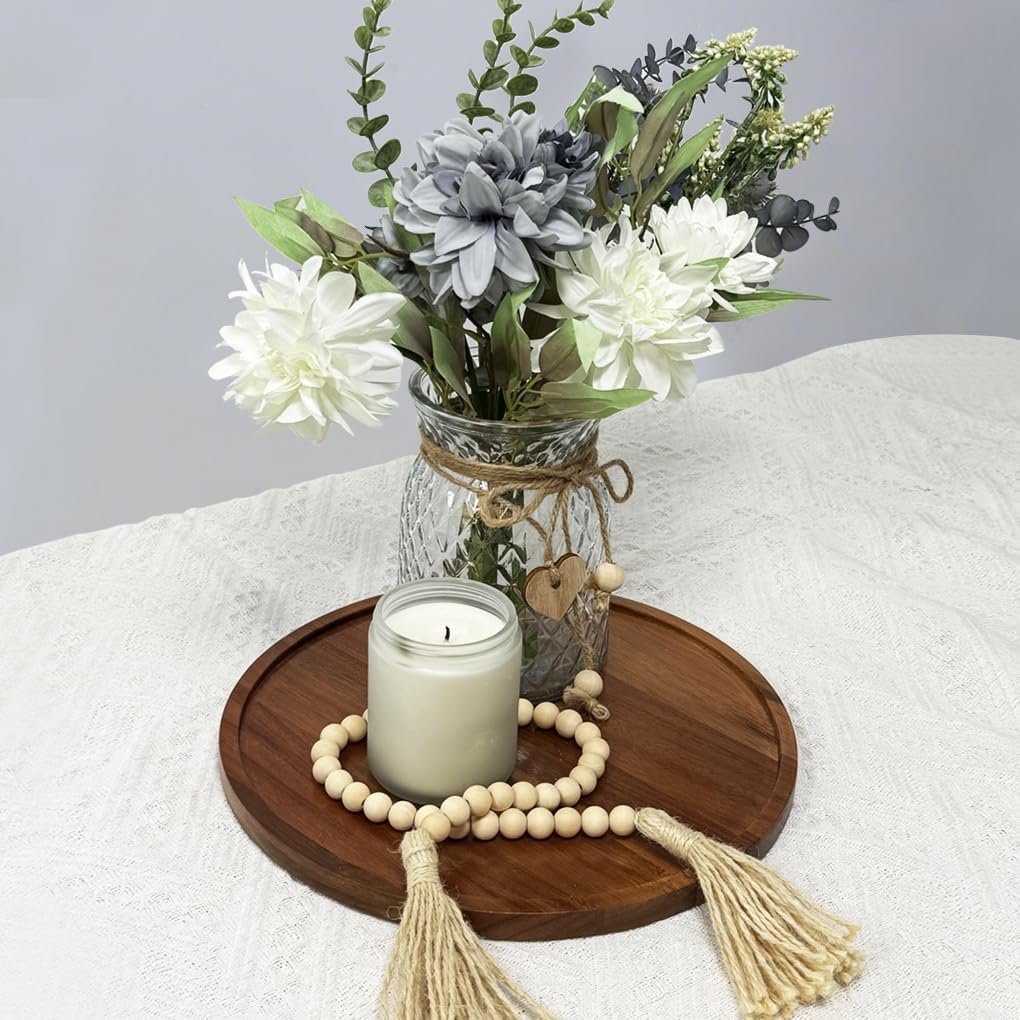 Delsol Decorative round Wooden Tray, Acacia Wood Serving Tray for Farmhouse Kitchen Dining Room Table,Small Candle Holder for Coffee Table Home Deco