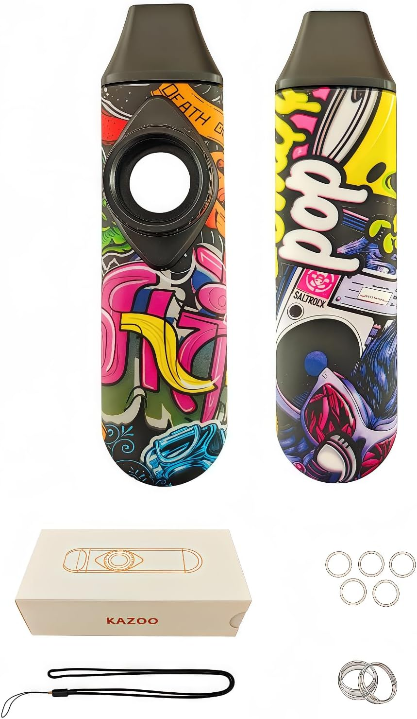 Kazoo Wind Instrument Professional ABS Resin Kazoo Adjustable Tone Play Alone or Various Musical Instruments with 5 Flute Diaphragms and Sling Suitable for Children Adults Music Enthusiasts (Graffiti) image number 1