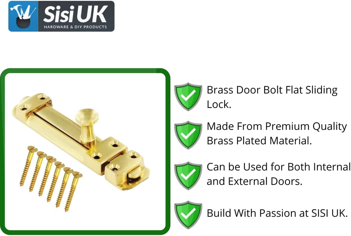 Brass Door Bolts 4 Inch Flat Bolt Surface Door Latches Tower Bolt Sliding Lock Flat Slide Safety Door Barrel Bolt with Screws 1 Pack. image number 2