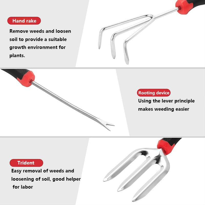 8 Piece Stainless Steel Gardening Tool Sets,Heavy Duty Outdoor Hand Tools Garden Tool Set with Non Slip Rubber Grip,Uprooting Weeding Tool, Gifts for Women Men (Red) image number 2