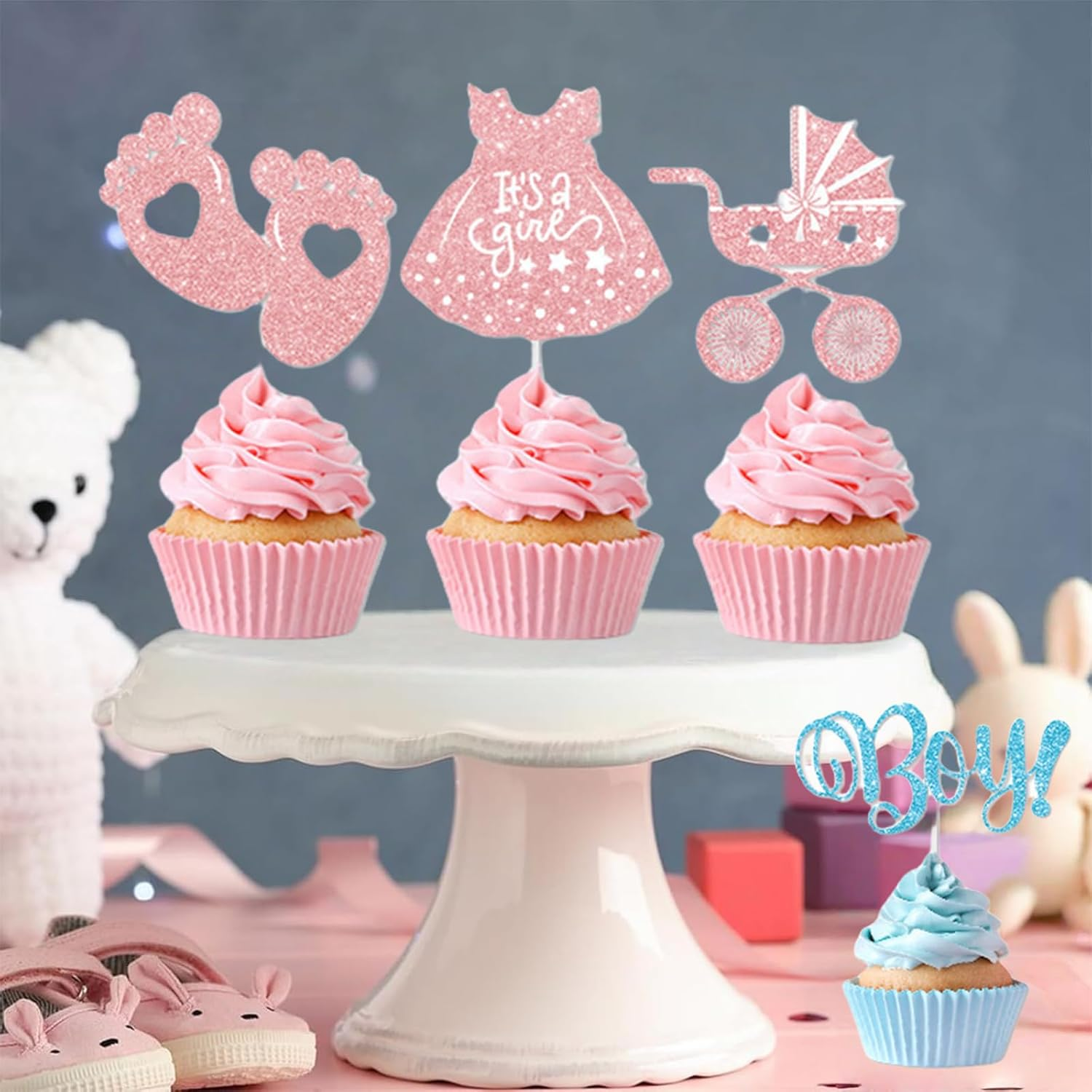 Zvorgath 24-Pack Baby Gender Reveal Cupcake Topper Set, Boy or Girl Themed Party Cake Decorating Props, Baby Shower Gender Reveal Party Decorations image number 2