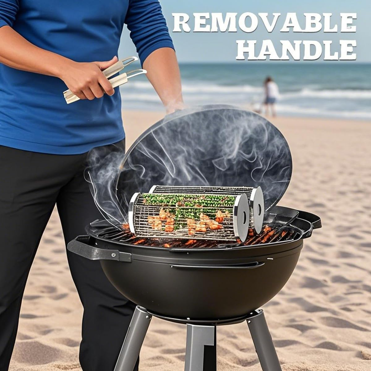 Rolling Grill Basket(2Pcs), Removable Wooden Handle, 304 Stainless Steel, Nesting Grilling Net, BBQ Accessories Tool for Vegetable Shrimp, Outdoor Cooking Camping, Birthday Gifts for Men Dad Husband image number 2