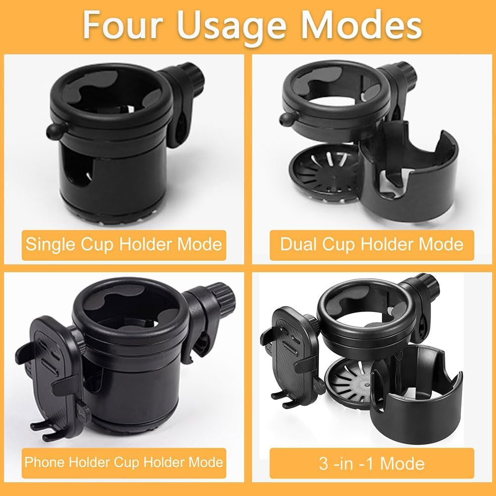 3-In-1 Stroller Cup Holder with Phone Mount &ndash; Universal 360&deg; Rotating Drink Holder for Stroller, Bike, Wheelchair, Scooter & Walker, Adjustable Bottle & Phone Rack (Black) image number 3