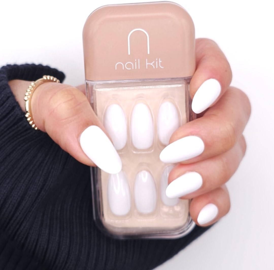 NKA PRESS on NAIL KIT -FALSE ACRYLIC FAKE PRESS on NAILS -PREMIUM 28PC REUSABLE MEDIUM OVAL WHITE -FROST image number 2