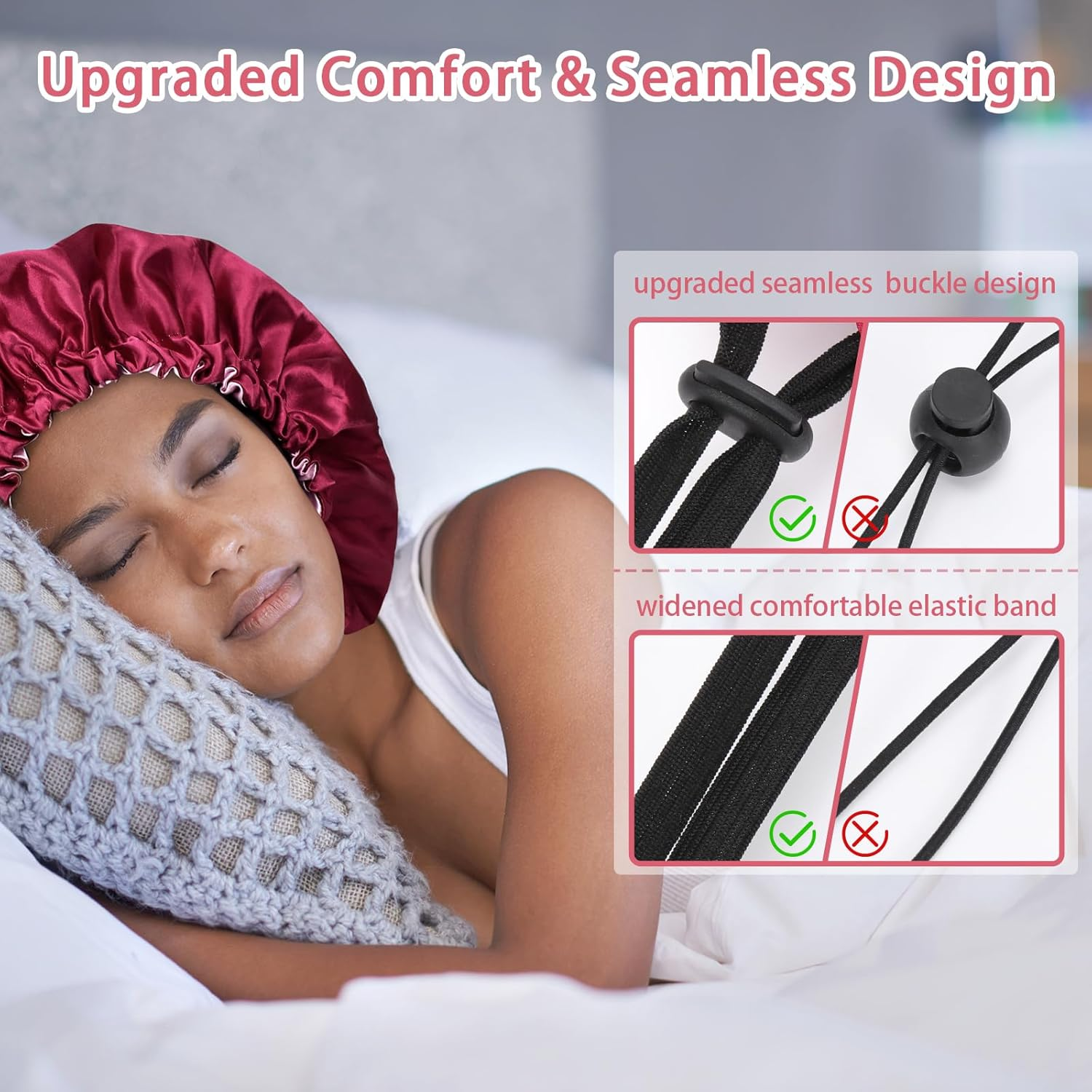 Euqvunn 2Pcs Satin Hair Bonnet, Hair Bonnet for Sleeping Adjustable with Wide Elastic Band, Two Color Double-Sided, Suitable for Night Sleep, Long/Straight/Curly Hair Protection (Black Red) image number 5