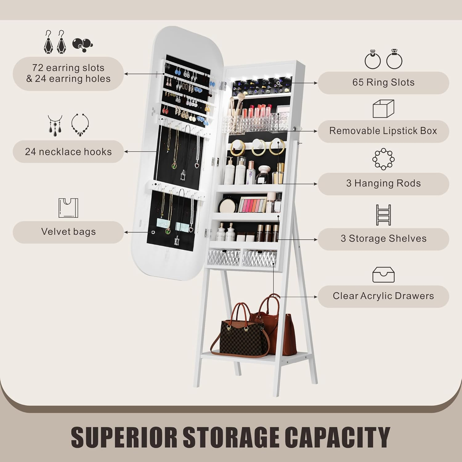 Dystler Mirror Jewelry Cabinet - Wall/Door Mounted Jewelry Armoire with Large Capacity - Lockable Tall Hanging Organizer - Cosmetic Storage & Gift Idea - White image number 4