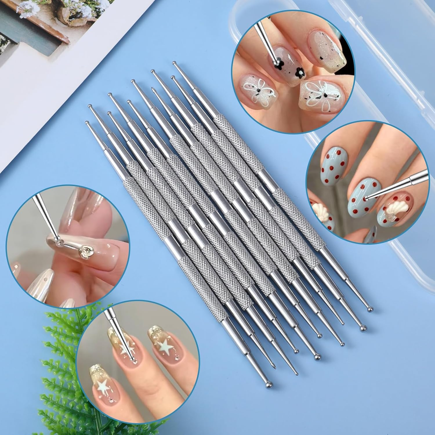 Elevatetech 10 Pcs Nail Dotting Tools, Professional Ball Tip Nail Art Dotting Tools Metal Dual-Ended Dot Pen Tool Nails Art Kit for Nails Design Ball Embossing Sculpting Tracing Pottery Clay Tool image number 2