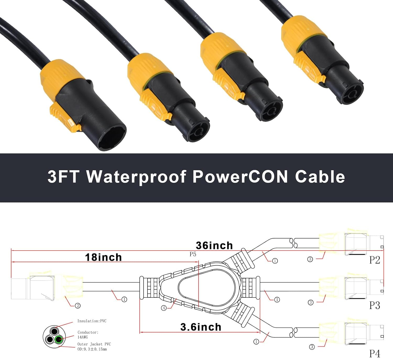 Powercon Ture1 NAC3MX-W to 3X NAC3FX-W Splitter Extension Cable 3 Ways Powercon Male to Female Cords 14 Gauge 3FT Heavy Duty image number 3