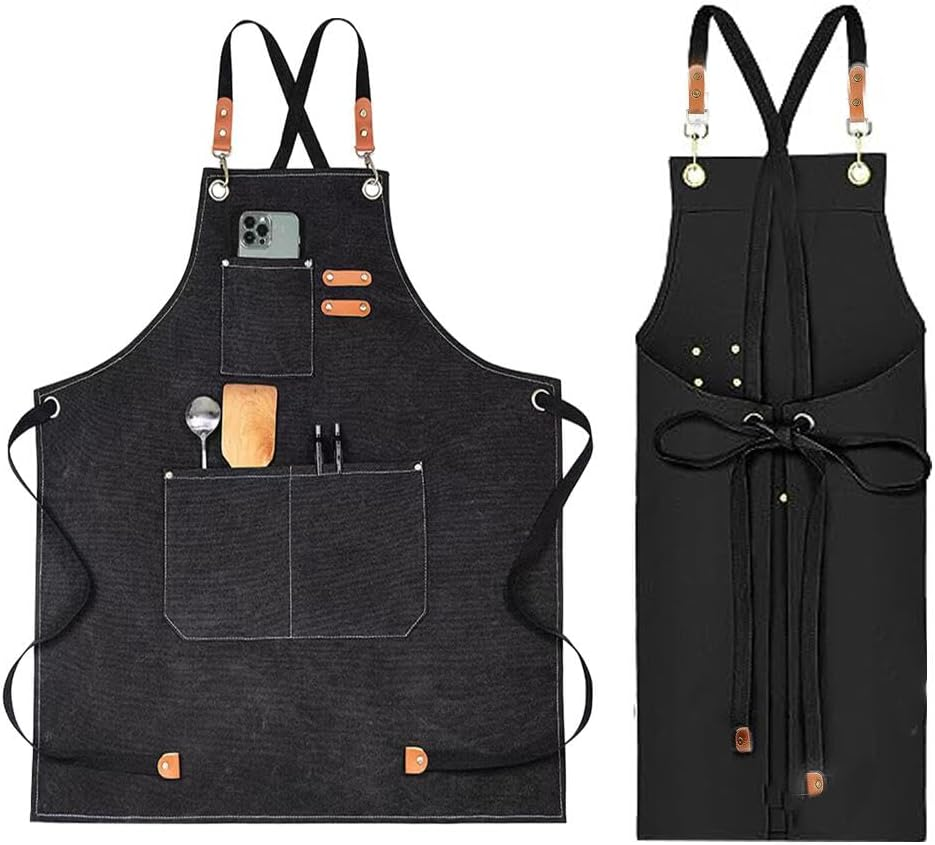 Dolemay Chef Aprons for Men Women,Cotton Canvas Cross Back Apron with Large Pockets & Adjustable Straps Kitchen Cooking Aprons Water-Resistant for BBQ Work Painting Kitchen Gardener Chef Baking