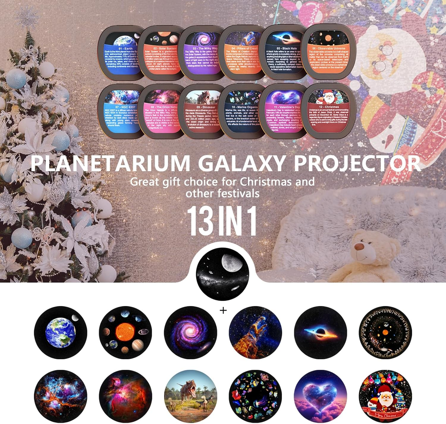 Lithomy Galaxy Projector with 13 4K HD Discs, Wide Viewing Angle HD Focus Star Projector, 6 Exquisite Lighting Effects Night Light Projector,For Adults Kids Bedroom Decoration,Black